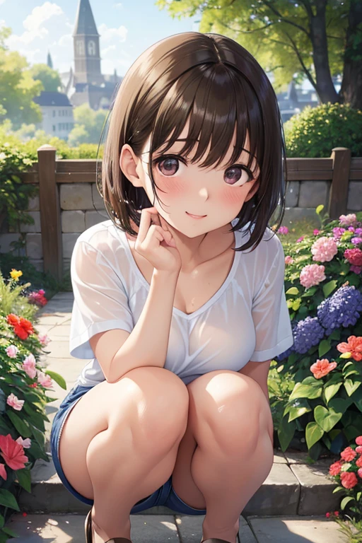 (masterpiece, Premium Quality: 1.2), alone, strong,
 One girl: Nene Anegasaki、Shiny brown hair, short hair, Beautiful brown eyes、smile、Sparkling eyes, (Fine grain)、Ultra-detailed eyes、Highly detailed face, Highly detailed eyes,
 
super high quality, Ultra high definition, Ultra-high resolution, 
Very cute girl, 優しいsmile, Wet, Spoblur, Two large bulges arranged horizontally inside the spobbla, Ultra Shorts,  squat, Leaning forward, Put your hands on your knees, garden, The light shines, morning, clear々right, Look at the viewers, NSFW --auto