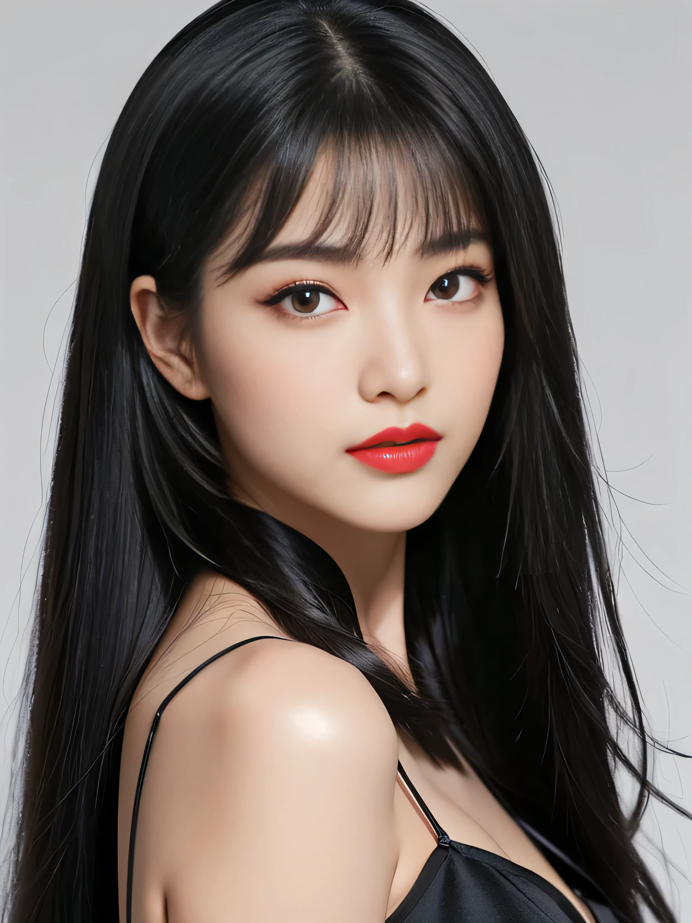 1 Female (Close up of her face!!!:1.5) (She turns to the viewer and laughs so wonderfully!!!!!) ((highest quality)) ((masterpiece)) (Familiar) (Get used to it) (White wall background!!!!!) (The most beautiful and sensual 24-year-old cosmetics model in Japan) (Her bangs are neatly trimmed and worn straight down.:1.5) (Very shiny and voluminous, Very straight!!! The highest quality and most detailed, incredibly long, jet black hair hangs down widely on both ends of the body. Her highest quality and highest detail of ridiculously long everlasting extraordinarily long jet black hair is very long hair!!! Her beautiful jet black hair is very long!!! Her hair is very black!!! length, Shiny black hair, black silky hair, detailed length black hair, length black straight hair, long Straight black hair, length black hair, 太くShiny black hair, length black hair, Straight black hair, length and free straight black hair, Perfect Silky Straight Hair, Extra Dark Natural Black Hair, very length black hair) (She received a beautiful make-up done by a professional make-up artist... Exquisite texture:1.4 Bright red lipstick Beautiful black eyeliner) (She is wearing a shiny random color silk camisole dress.) Perfect Woman'face (She has a typical Japanese build and skin color..., Her skin is very high quality and ultra high definition.、very beautiful and glowing skin) (Her face is dignified and sexy)(She applied sexy makeup with the help of a professional makeup artist.... Lipstick is bright red The eyeliner is a beautiful black) (She has a typical Japanese build and skin color Her skin is very delicate and sensitive..、and、Such beautiful and radiant skin) ((Her face shape is thinner than average:1.4)) ((Her eyes are larger than average:1.6)) ((Her eyes are wider than average:1.6)) ((Her eyebrows are very thin:1.8)) ((Rich 1.4)) (Extremely detailed 8K) (Ultra-fine skin texture 1.4) (Actual, Vibrant:1.4), Sharp focus:1.2、Beautiful woman:1.4 Dynamic Lighting (Genuine RAW photos taken by professional photographers) very beautiful and glowing skin) (Surreal photos by professional photographers :1.2)