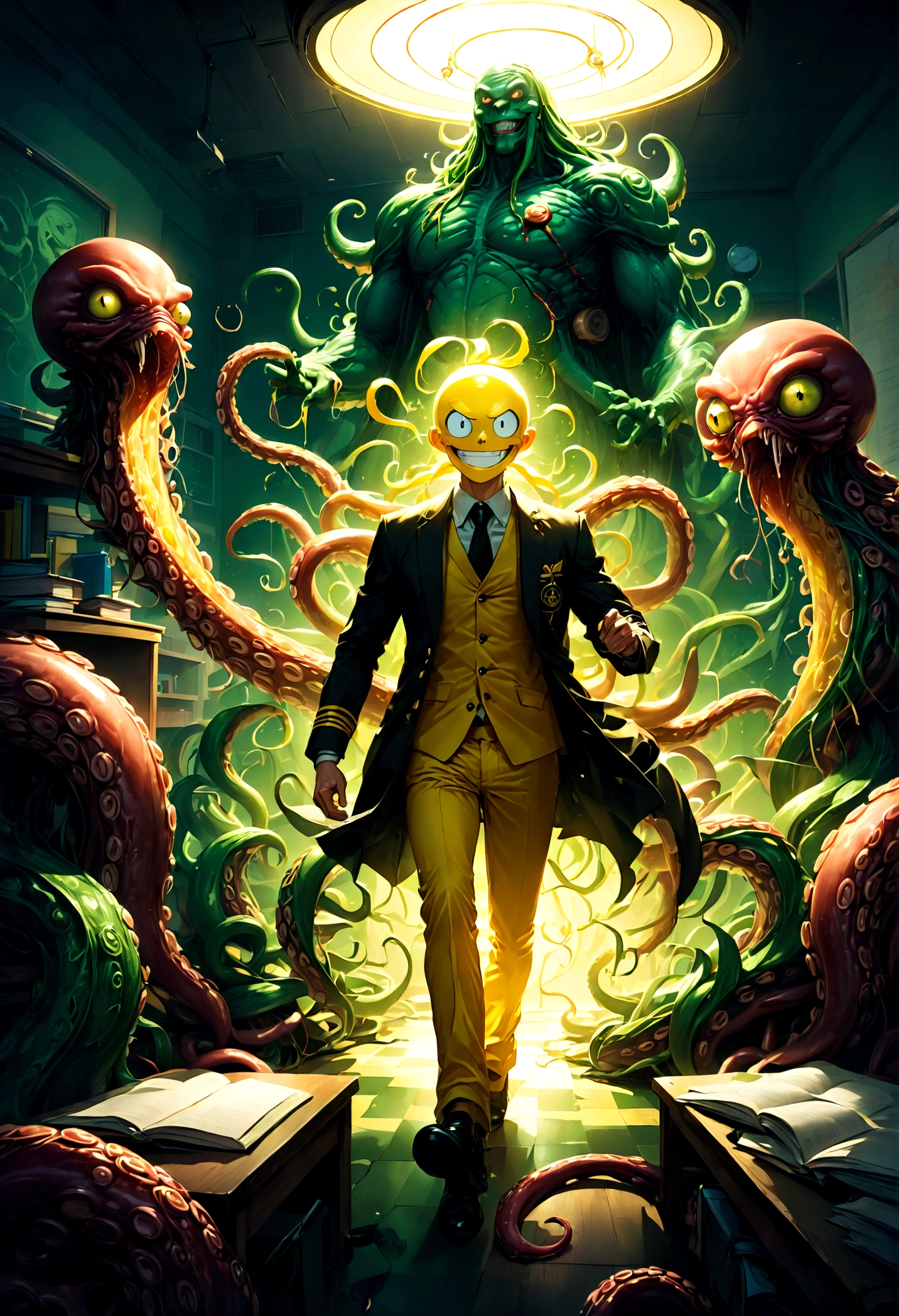 Korosensei from "Assassination Classroom", Cthulhu tentacles, teacher, mortarboard, yellow body, yellow head, Grin, big smile face, Classroom, school, dramatic composition, cinematic dynamic action scene, vibrant colors, cinematic lighting, dramatic lighting, best quality, masterpiece, very aesthetic, perfect composition, intricate details, ultra-detailed