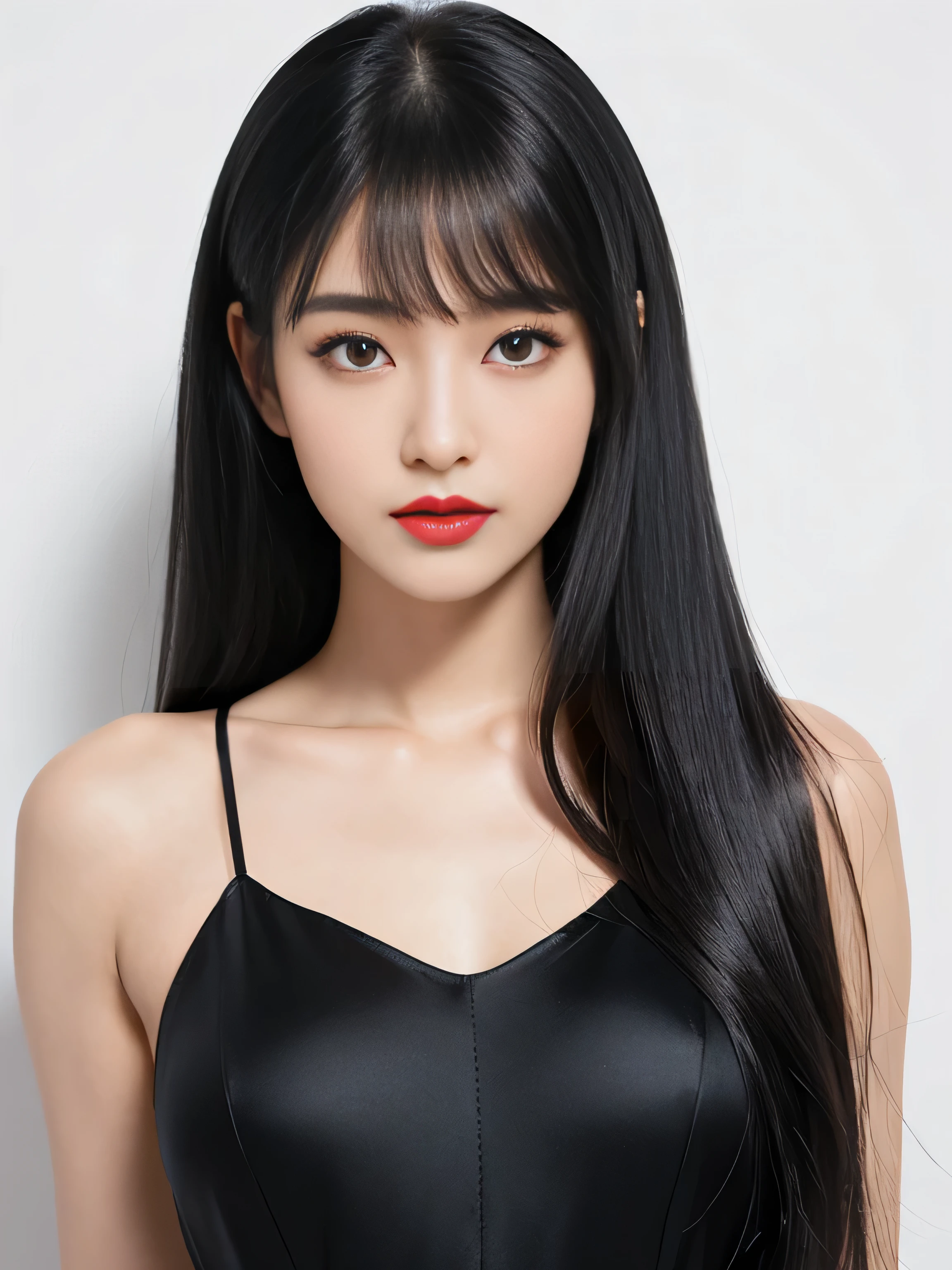 1 Female(Close up of her face:1.5!!!) (She turns to the viewer and laughs so wonderfully!!!!!) ((highest quality)) ((masterpiece)) (Familiar) (Get used to it) (White wall background!!!!!) (The most beautiful and sensual 24-year-old cosmetics model in Japan) (Her bangs are neatly trimmed and worn straight down.:1.5) (Very shiny and voluminous, Very straight!!! The highest quality and most detailed, incredibly long, jet black hair hangs down widely on both ends of the body. Her highest quality and highest detail of ridiculously long everlasting extraordinarily long jet black hair is very long hair!!! Her beautiful jet black hair is very long!!! Her hair is very black!!! length, Shiny black hair, black silky hair, detailed length black hair, length black straight hair, long Straight black hair, length black hair, 太くShiny black hair, length black hair, Straight black hair, length and free straight black hair, Perfect Silky Straight Hair, Extra Dark Natural Black Hair, very length black hair) (She received a beautiful make-up done by a professional make-up artist... Exquisite texture:1.4 Bright red lipstick Beautiful black eyeliner) (She is wearing a shiny random color silk camisole dress.) Perfect Woman'face (She has a typical Japanese build and skin color..., Her skin is very high quality and ultra high definition.、very beautiful and glowing skin) (Her face is dignified and sexy)(She applied sexy makeup with the help of a professional makeup artist.... Lipstick is bright red The eyeliner is a beautiful black) (She has a typical Japanese build and skin color Her skin is very delicate and sensitive..、and、Such beautiful and radiant skin) ((Her face shape is thinner than average:1.4)) ((Her eyes are larger than average:1.6)) ((Her eyes are wider than average:1.6)) ((Her eyebrows are very thin:1.8)) ((Rich 1.4)) (Extremely detailed 8K) (Ultra-fine skin texture 1.4) (Actual, Vibrant:1.4), Sharp focus:1.2、Beautiful woman:1.4 Dynamic Lighting (Genuine RAW photos taken by professional photographers) very beautiful and glowing skin) (Surreal photos by professional photographers :1.2)