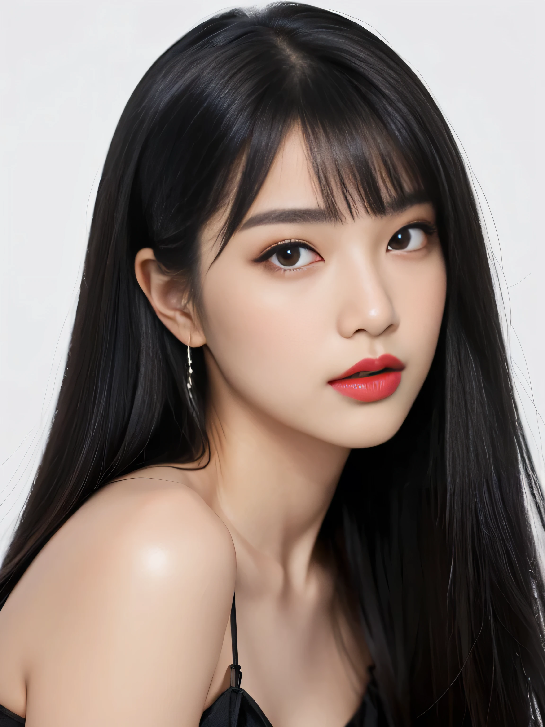 1 Female (Close up of her face!!!:1.5) (She turns to the viewer and laughs so wonderfully!!!!!) ((highest quality)) ((masterpiece)) (Familiar) (Get used to it) (White wall background!!!!!) (The most beautiful and sensual 24-year-old cosmetics model in Japan) (Her bangs are neatly trimmed and worn straight down.:1.5) (Very shiny and voluminous, Very straight!!! The highest quality and most detailed, incredibly long, jet black hair hangs down widely on both ends of the body. Her highest quality and highest detail of ridiculously long everlasting extraordinarily long jet black hair is very long hair!!! Her beautiful jet black hair is very long!!! Her hair is very black!!! length, Shiny black hair, black silky hair, detailed length black hair, length black straight hair, long Straight black hair, length black hair, 太くShiny black hair, length black hair, Straight black hair, length and free straight black hair, Perfect Silky Straight Hair, Extra Dark Natural Black Hair, very length black hair) (She received a beautiful make-up done by a professional make-up artist... Exquisite texture:1.4 Bright red lipstick Beautiful black eyeliner) (She is wearing a shiny random color silk camisole dress.) Perfect Woman'face (She has a typical Japanese build and skin color..., Her skin is very high quality and ultra high definition.、very beautiful and glowing skin) (Her face is dignified and sexy)(She applied sexy makeup with the help of a professional makeup artist.... Lipstick is bright red The eyeliner is a beautiful black) (She has a typical Japanese build and skin color Her skin is very delicate and sensitive..、and、Such beautiful and radiant skin) ((Her face shape is thinner than average:1.4)) ((Her eyes are larger than average:1.6)) ((Her eyes are wider than average:1.6)) ((Her eyebrows are very thin:1.8)) ((Rich 1.4)) (Extremely detailed 8K) (Ultra-fine skin texture 1.4) (Actual, Vibrant:1.4), Sharp focus:1.2、Beautiful woman:1.4 Dynamic Lighting (Genuine RAW photos taken by professional photographers) very beautiful and glowing skin) (Surreal photos by professional photographers :1.2)