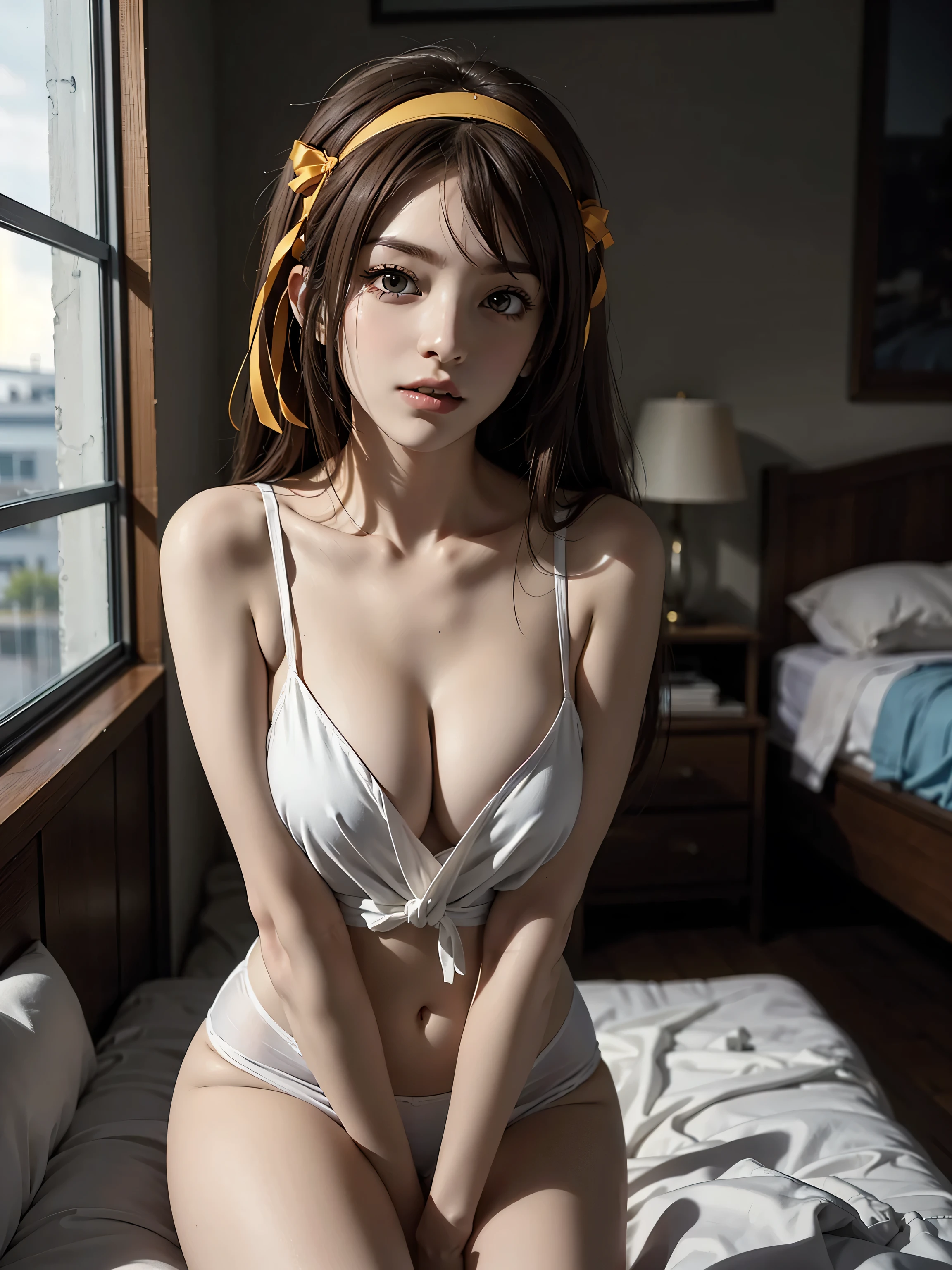 (A superb exquisite haruhi suzumiya), (haruhi suzumiya:1.5), brown eyes, brown hair, natural straight hair, hairband, ribbon, straight bangs, solo, nature, extremely delicate, straight facial features, peerless beautiful girl, soft, (sensual face), ((ecchi face)), dreamy quality, exaggerated facial features, solid color, frank holly, delicate face, bright lips, slender waist, soft curves, real light and shadow, super fine, 4k, natural moving, Ultra high resolution, (masterpiece:1.2, best quality), (finely detailed beautiful eyes: 1.2), (beautiful detailed face), sexy nude model, sexy pose, (large chest), (Perfect Body Proportions), (bedroom), Mekosuji, Spread your legs a little and show off your crotch,
