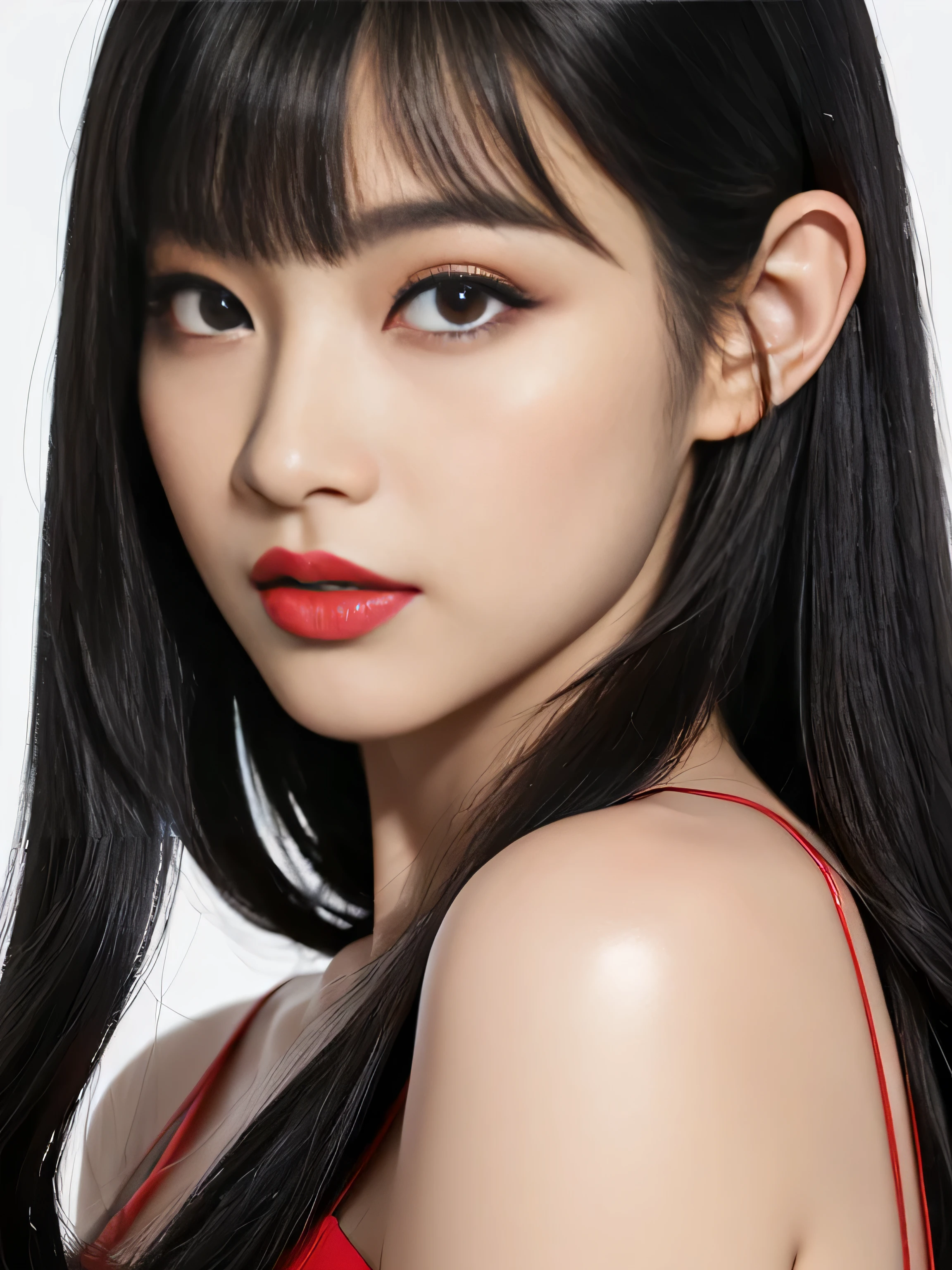 1 Female (Close up of her face!!!:1.5) (She turns to the viewer and laughs so wonderfully!!!!!) ((highest quality)) ((masterpiece)) (Familiar) (Get used to it) (White wall background!!!!!) (The most beautiful and sensual 24-year-old cosmetics model in Japan) (Her bangs are neatly trimmed and worn straight down.:1.5) (Very shiny and voluminous, Very straight!!! The highest quality and most detailed, incredibly long, jet black hair hangs down widely on both ends of the body. Her highest quality and highest detail of ridiculously long everlasting extraordinarily long jet black hair is very long hair!!! Her beautiful jet black hair is very long!!! Her hair is very black!!! length, Shiny black hair, black silky hair, detailed length black hair, length black straight hair, long Straight black hair, length black hair, 太くShiny black hair, length black hair, Straight black hair, length and free straight black hair, Perfect Silky Straight Hair, Extra Dark Natural Black Hair, very length black hair) (She received a beautiful make-up done by a professional make-up artist... Exquisite texture:1.4 Bright red lipstick Beautiful black eyeliner) (She is wearing a shiny random color silk camisole dress.) Perfect Woman'face (She has a typical Japanese build and skin color..., Her skin is very high quality and ultra high definition.、very beautiful and glowing skin) (Her face is dignified and sexy)(She applied sexy makeup with the help of a professional makeup artist.... Lipstick is bright red The eyeliner is a beautiful black) (She has a typical Japanese build and skin color Her skin is very delicate and sensitive..、and、Such beautiful and radiant skin) ((Her face shape is thinner than average:1.4)) ((Her eyes are larger than average:1.6)) ((Her eyes are wider than average:1.6)) ((Her eyebrows are very thin:1.8)) ((Rich 1.4)) (Extremely detailed 8K) (Ultra-fine skin texture 1.4) (Actual, Vibrant:1.4), Sharp focus:1.2、Beautiful woman:1.4 Dynamic Lighting (Genuine RAW photos taken by professional photographers) very beautiful and glowing skin) (Surreal photos by professional photographers :1.2)