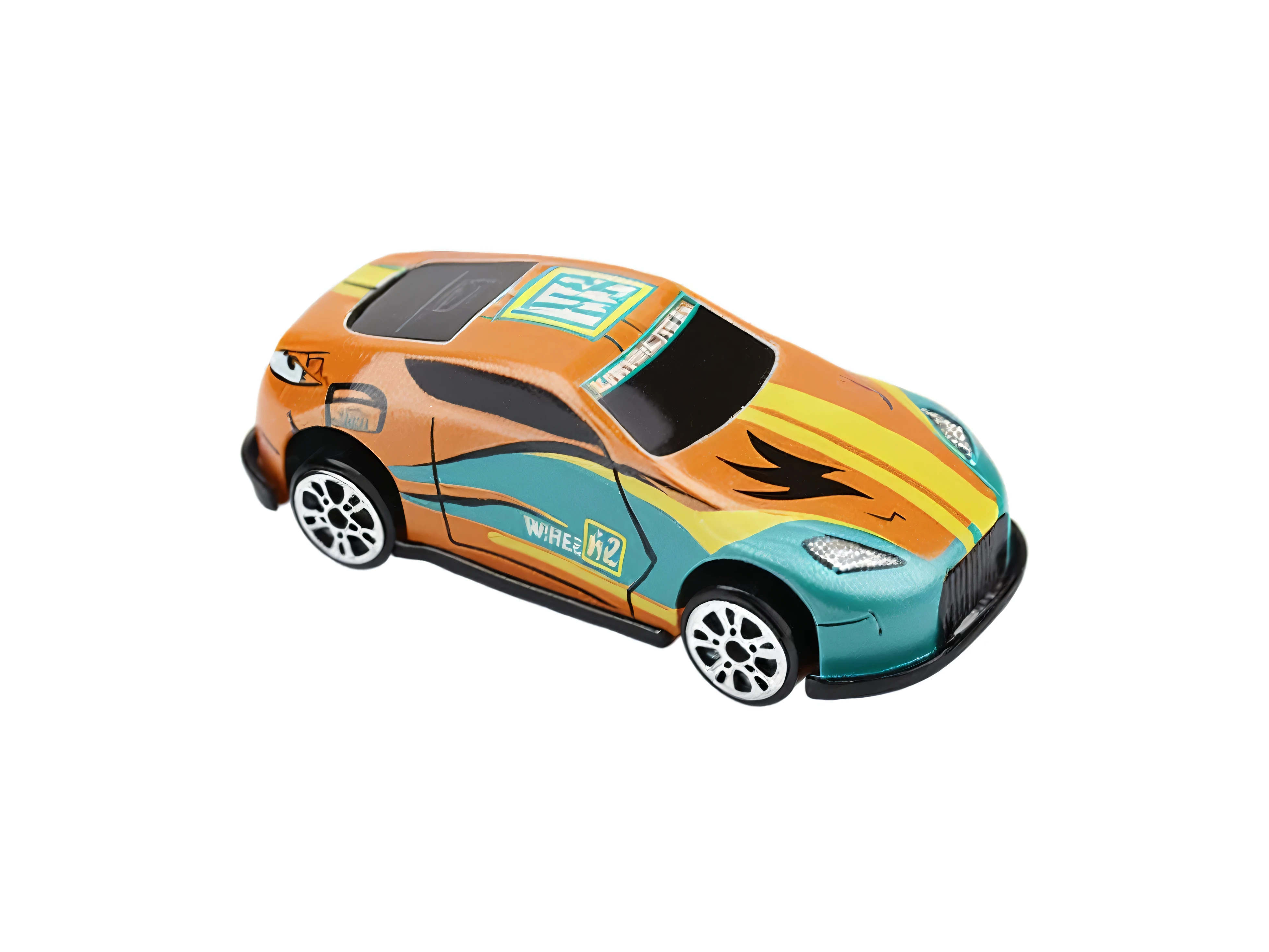 Close-up of a toy car,There is a Racing car on it, Hot Wheels, Hot Wheels, Racing, Racing, Energetic, miniature of a Sports Car, mini model, high tech, rally car, Orange and teal paint decals, Sports Car, Sports Car, Sports Car, Ultra-high resolution, Close body shot, Surrealism