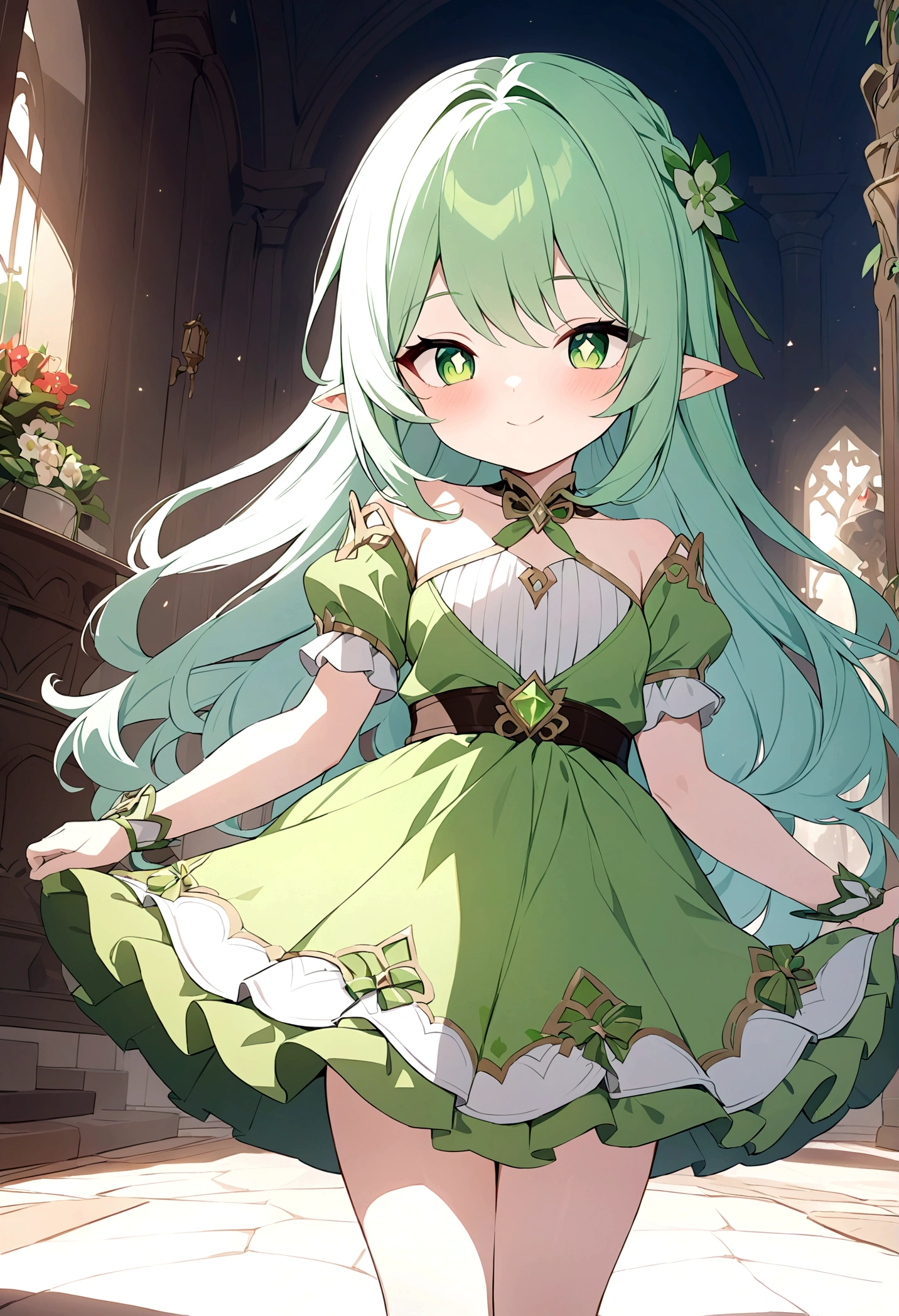 Genshin Impact,Nashida role,Girl,Green floral skirt,Naughty and cute,Pointy ears,Winking eyes,Sweet smile,Wave hello,Second Dimension,Octane Rendering,masterpiece,Highest quality,Ultimate details,8K resolution