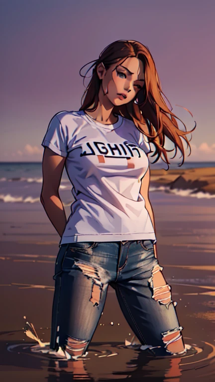 ultra-detailed, professional, masterpiece, sinking in quicksand, memorable, feminine woman, t-shirt, flared jeans, dusk, fetishistic posing, fetish, wet and messy fetish photo session, side view