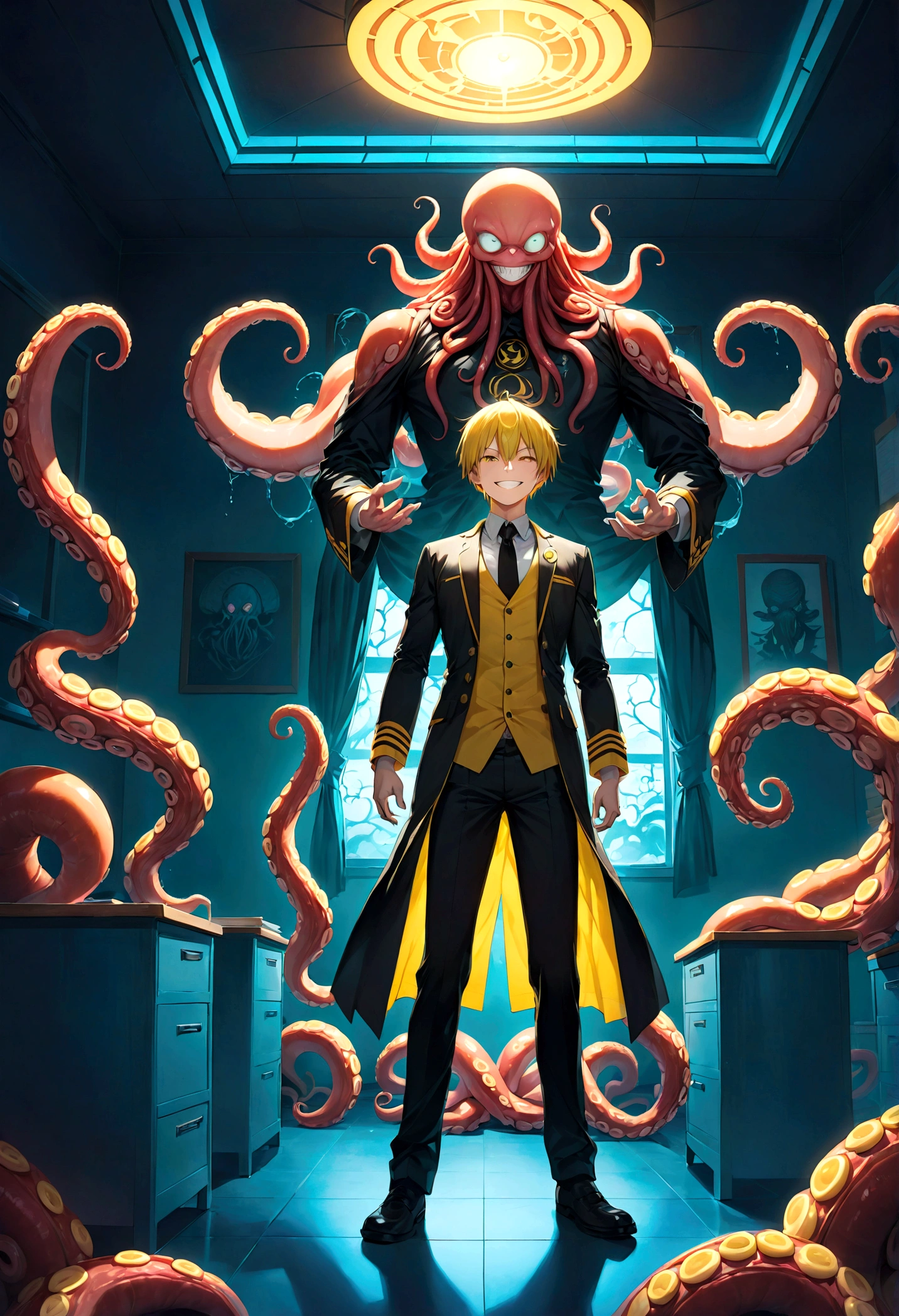 Korosensei from "Assassination Classroom", yellow body with Cthulhu tentacles, teacher, mortarboard, yellow head, Grin, big smile face, Classroom, school, dramatic composition, cinematic dynamic action scene, vibrant colors, cinematic lighting, dramatic lighting, best quality, masterpiece, very aesthetic, perfect composition, intricate details, ultra-detailed