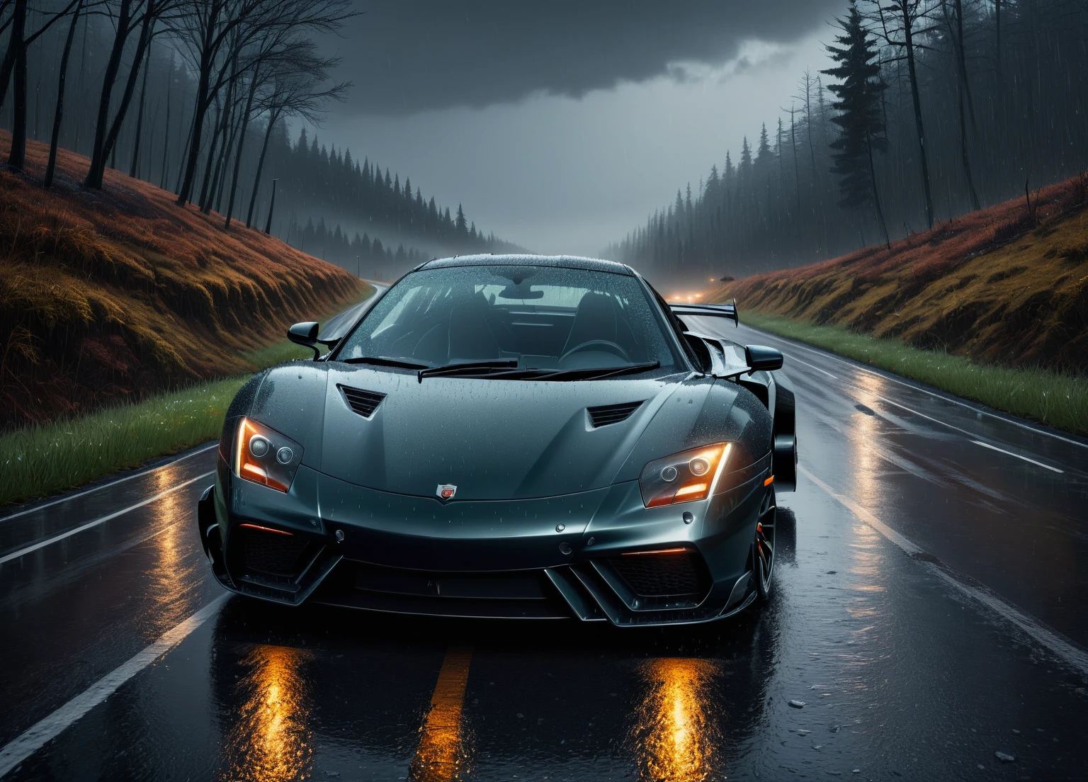 a car on a road, outside, evil, detailed nature background, professional, realistic, high quality, freezing rain and sleet, detailed car, dramatic lighting, cinematic composition, intricate details, moody atmosphere