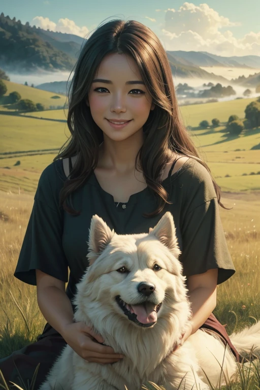 1 beautiful girl with fluffy dog, smiling, sitting in field, realistic, photorealistic, masterpiece, 8k, ultra-detailed, warm colors, soft lighting, gentle breeze, rolling hills, lush grass, wispy fog, oil painting, cinematic composition, serene, tranquil