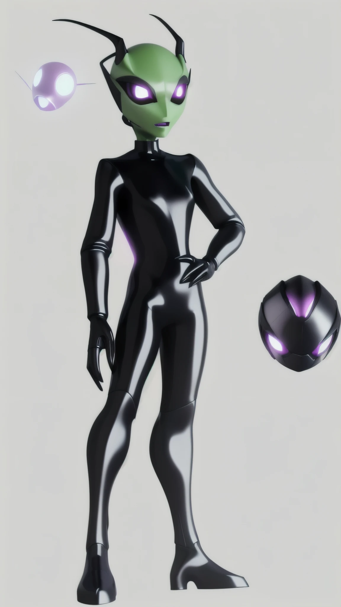 a close up of an Irken from Invader Zim, humanoid form, glossy black latex suit, Invader Zim artstyle, highly detailed, intricate details, dramatic lighting, cinematic composition, striking pose, intense expression, hyper realistic, 8k, photo realistic, professional 3d render