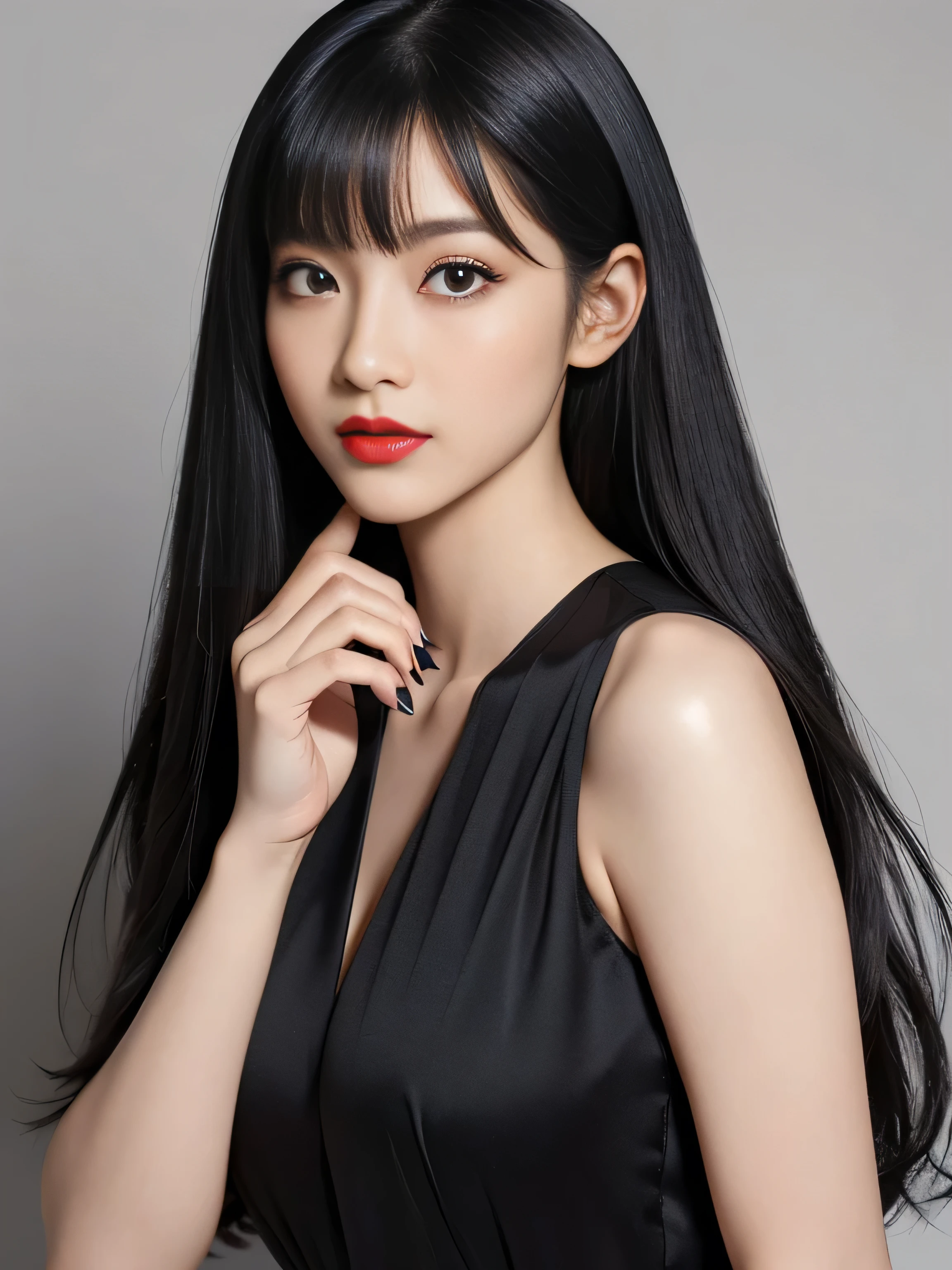 1 Female (Close up of her face!!!:1.8)　(She turns to the viewer and laughs so wonderfully!!!!!)　((highest quality))　((masterpiece))　(Familiar)　(Get used to it)　(White wall background!!!!!)　(The most beautiful and sensual 24-year-old cosmetics model in Japan)　(Her bangs are neatly trimmed and worn straight down.:1.5)　(Very shiny and voluminous, Very straight!!!　The highest quality and most detailed, incredibly long, jet black hair hangs down widely on both ends of the body.　Her highest quality and highest detail of ridiculously long everlasting extraordinarily long jet black hair is very long hair!!!　Her beautiful jet black hair is very long!!!　Her hair is very black!!!　length, Shiny black hair, black silky hair, detailed length black hair, length black straight hair, long Straight black hair, length black hair, 太くShiny black hair, length black hair, Straight black hair, length and free straight black hair, Perfect Silky Straight Hair, Extra Dark Natural Black Hair, very length black hair)　(She received a beautiful make-up done by a professional make-up artist...　Exquisite texture:1.4　Bright red lipstick　Beautiful black eyeliner)　(She is wearing a shiny random color silk camisole dress.)　Perfect Woman&#39;face　(She has a typical Japanese build and skin color..., Her skin is very high quality and ultra high definition.、very beautiful and glowing skin)　(Her face is dignified and sexy)（She applied sexy makeup with the help of a professional makeup artist....　Lipstick is bright red　The eyeliner is a beautiful black)　(She has a typical Japanese build and skin color　Her skin is very delicate and sensitive..、and、Such beautiful and radiant skin)　((Her face shape is thinner than average:1.4))　((Her eyes are larger than average:1.6))　((Her eyes are wider than average:1.6))　((Her eyebrows are very thin:1.8))　((Rich 1.4))　(Extremely detailed 8K)　(Ultra-fine skin texture 1.4)　(Actual, Vibrant:1.4), 　Sharp focus:1.2、Beautiful woman:1.4　Dynamic Lighting　(Genuine RAW photos taken by professional photographers)　very beautiful and glowing skin)　(Surreal photos by professional photographers :1.2)　