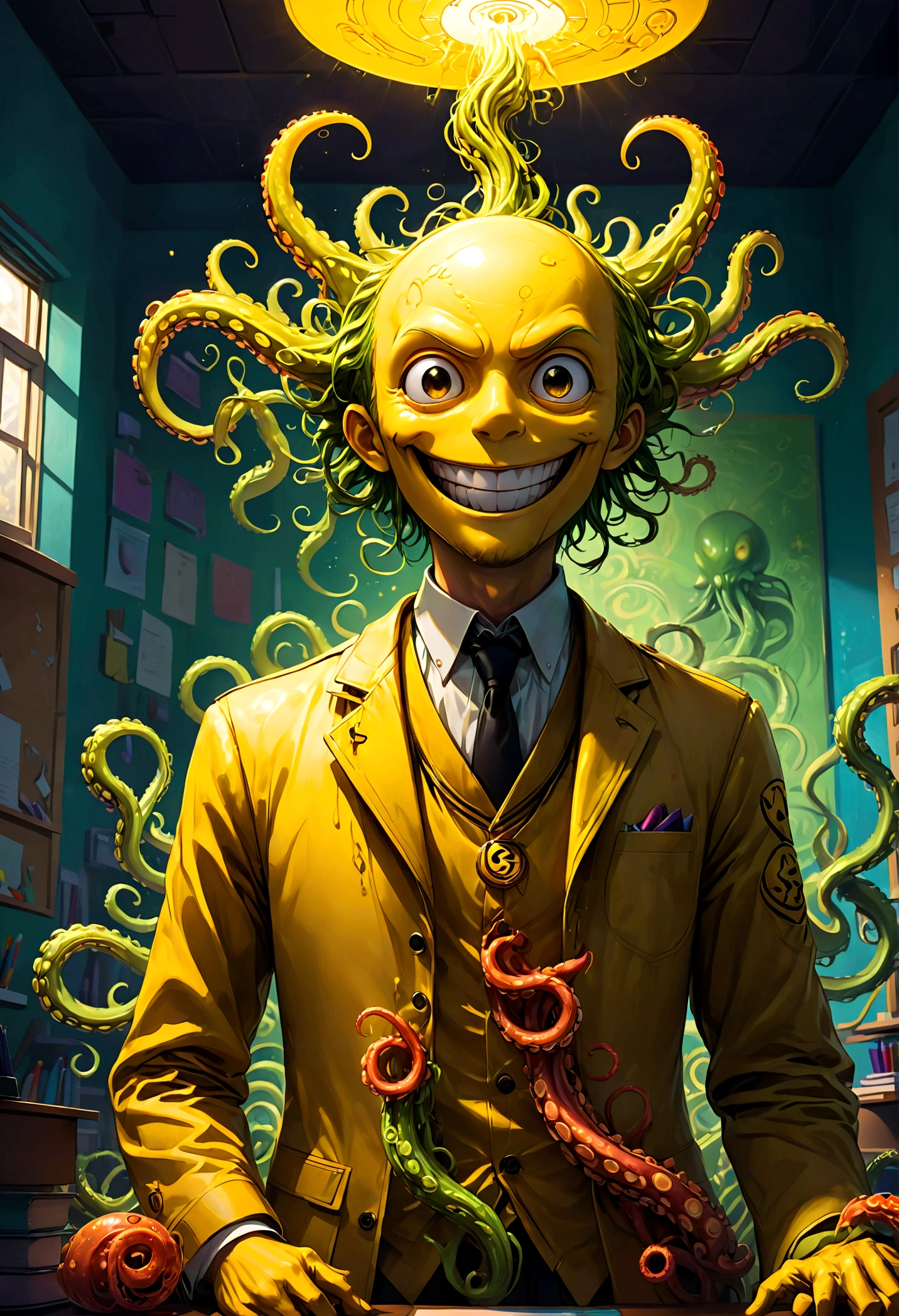 Korosensei from "Assassination Classroom", yellow body with Cthulhu tentacles, (teacher, mortarboard, yellow head), Grin, big smile face, (Classroom, school), dramatic composition, cinematic dynamic action scene, vibrant colors, cinematic lighting, dramatic lighting, best quality, masterpiece, very aesthetic, perfect composition, intricate details, ultra-detailed