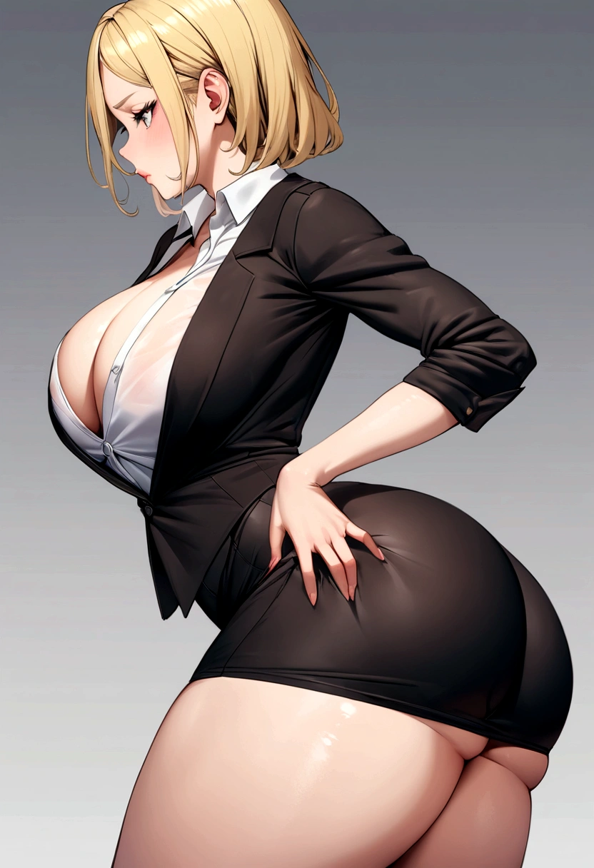 sexy office lady, unbuttoned blouse, black miniskirt, blonde hair, sexy pose, huge ass and breast