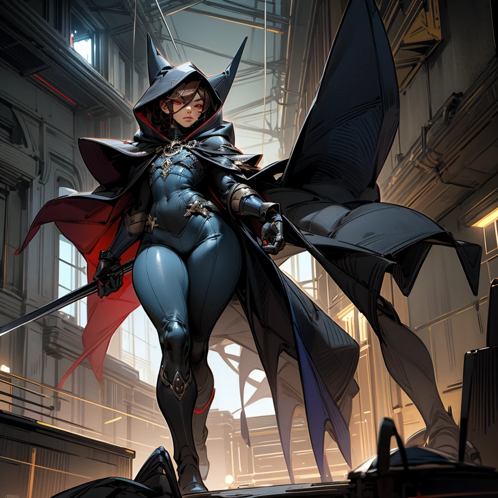 1boy, Femboy, superhero, crossdresser man, teenager, with a dark blue with red accents full body Spandex crow themed suit, with a blue cape, a blue glowing decal in the chest, black gloves and black boots that resemble crow feet, and a hoodie, long technological red sword, brown skinned, red eyes, feminine shoulder length dark brown hair, wide hips, thick thighs , flat chest, narrow waist, walking down street a futuristic city at night ((only one character))