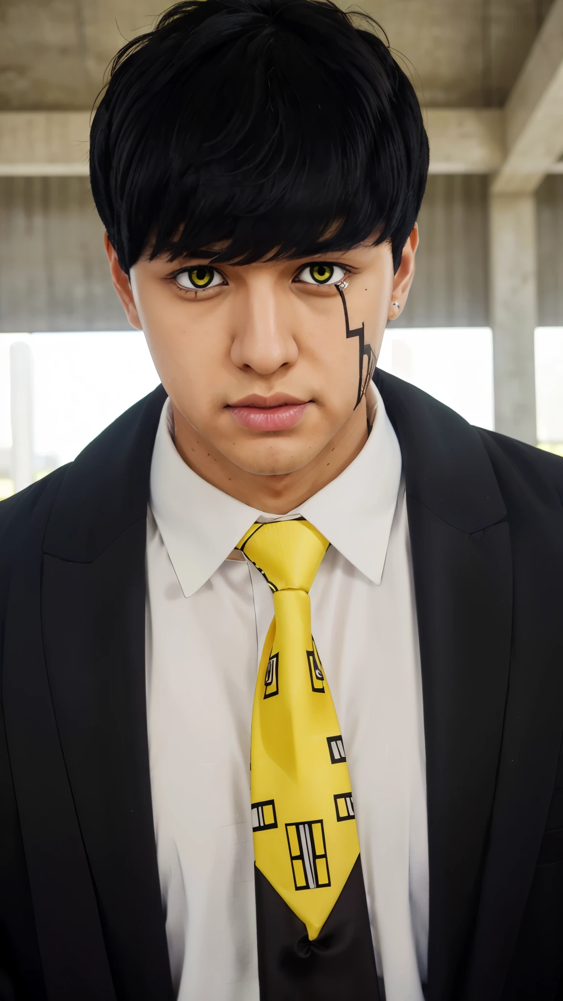 mashle masterpiece, best quality, 1boy, male focus, solo, yellow eyes, necktie, black hair, bangs, facial mark