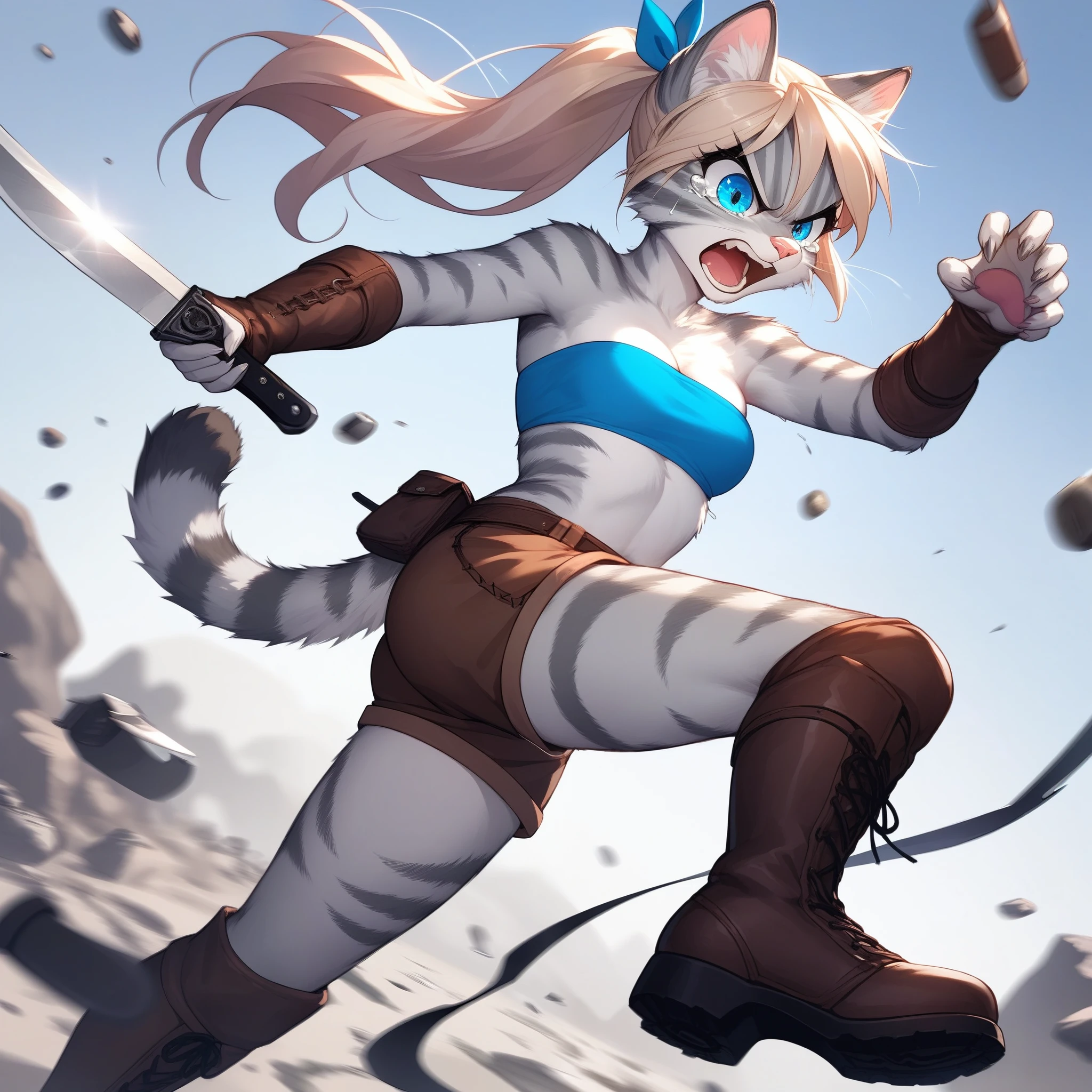Solo, score_9,score_8_up,score_7_up, source_cartoon, source_furry, Kat, Anthro furry feline girl, tall body, hourglass figure, adult female, blue eyes, :3, snout, pink nose, silver furry body, grey tabby cat stripes, long blonde hair, hair in a ponytail, wearing blue bandeau, brown short shorts, brown boots, leather straps accessories, holding two knives, standing, battle stance, swinging a knife, stabbing motion, screaming, angry, she is tearing up