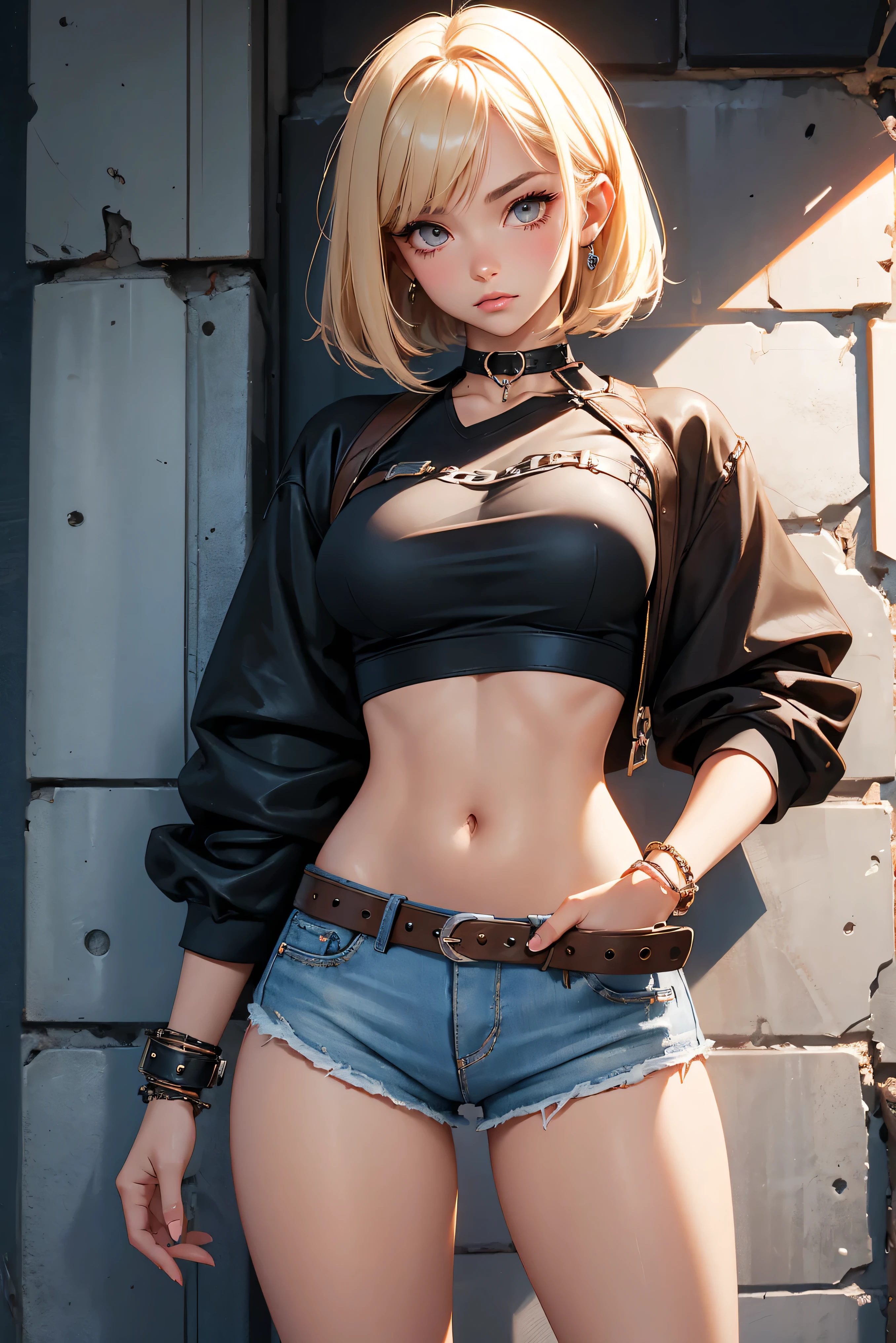 Teenage girl 20 years old, hot model, blonde, bob hairstyle, bangs, brown eyes, makeup, manicure, very tanned, crop sleeve shirt, very short mini shorts, bracelets, choker, belt, beautiful long legs, beautiful thigh line, hands on hips, flirty posing, sexy girl, slave girl, punished girl, prison girl, handcuffs and shackles on her hands, dungeon, haunted castle, aesthetics, top quality,