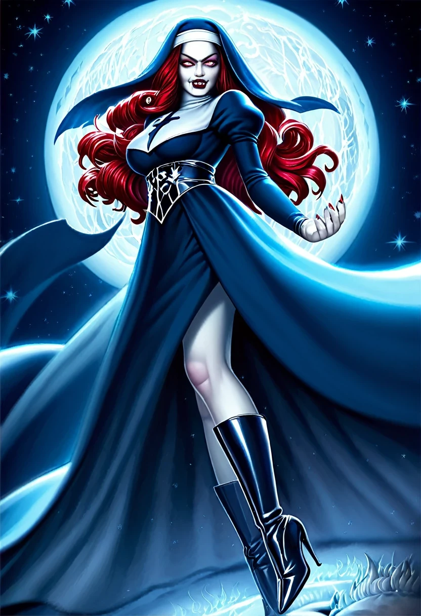 a picture of an exquisite beautiful female (nun: 1.3) vampire standing under the starry night sky on the porch of her monastary, action shot, dynamic angle (ultra detailed, Masterpiece, best quality), ultra detailed face (ultra detailed, Masterpiece, best quality), ultra feminine, (pale skin: 1.3), red hair, wavy hair, dynamic eyes color, cold eyes, glowing eyes, intense eyes, dark red lips, ((fangs: 1.1)), wearing white nun habit (ultra detailed, Masterpiece, best quality), wearing (blue cloak: 1.3) (ultra detailed, Masterpiece, best quality), long cloak, flowing cloak (ultra detailed, Masterpiece, best quality), wearing (high heeled boots: 1.3), sky full of stars background, moon, bats flying about, action shot, high details, best quality, 16k, [ultra detailed], masterpiece, best quality, (ultra detailed), full body, ultra wide shot, photorealism, dark fantasy art, dark fantasy art, gothic art, many stars, dark fantasy art, gothic art, sense of dread,  GlowingRunesAI_red, Cinematic Hollywood Film style