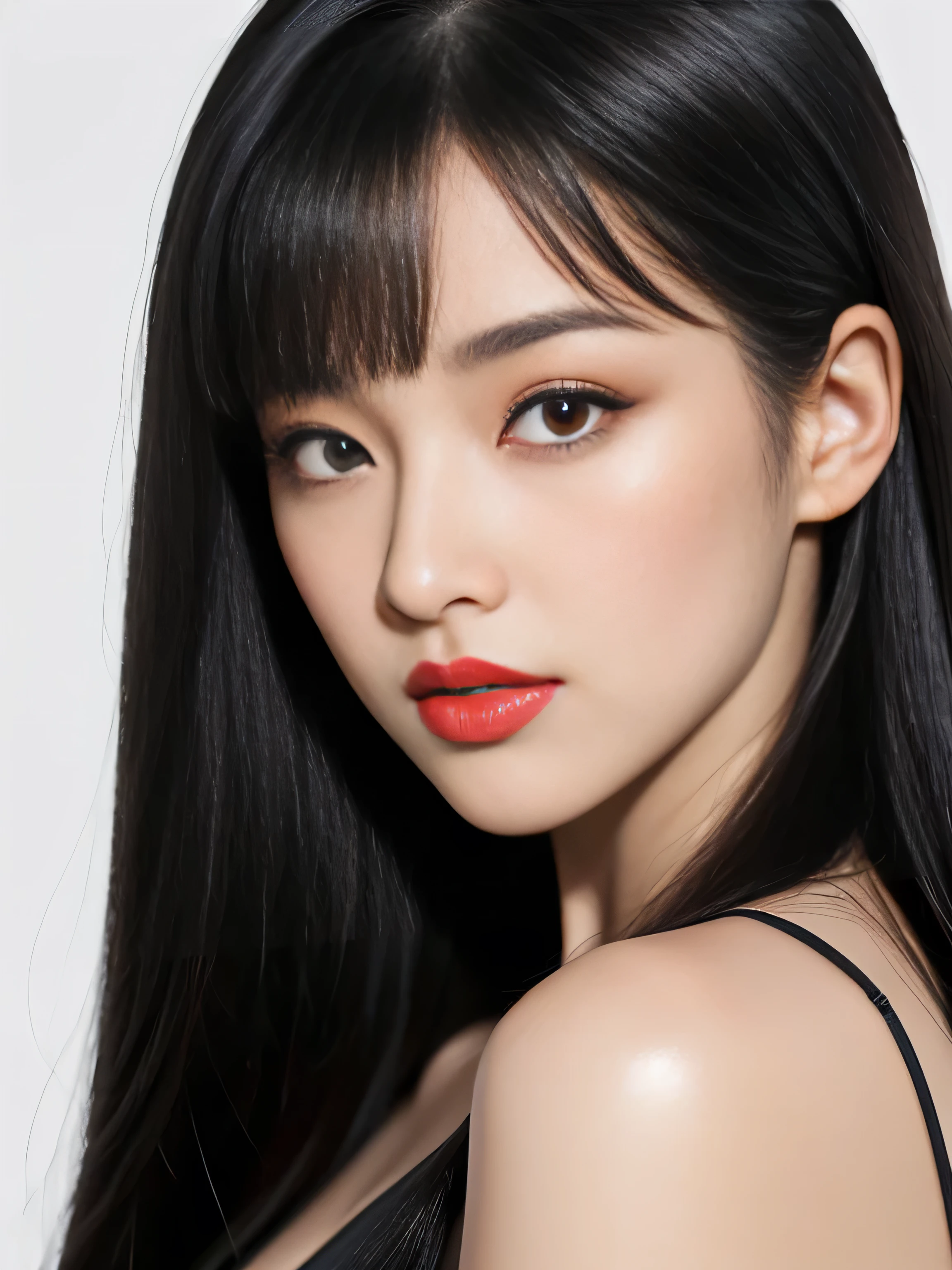 1 Female (Close up of her face!!!!!:1.5) (She turns to the viewer and laughs so wonderfully!!!!!) ((highest quality)) ((masterpiece)) (Familiar) (Get used to it) (White wall background!!!!!) (The most beautiful and sensual 24-year-old cosmetics model in Japan) (Her bangs are neatly trimmed and worn straight down.:1.5) (Very shiny and voluminous, Very straight!!! The highest quality and most detailed, incredibly long, jet black hair hangs down widely on both ends of the body. Her highest quality and highest detail of ridiculously long everlasting extraordinarily long jet black hair is very long hair!!! Her beautiful jet black hair is very long!!! Her hair is very black!!! length, Shiny black hair, black silky hair, detailed length black hair, length black straight hair, long Straight black hair, length black hair, 太くShiny black hair, length black hair, Straight black hair, length and free straight black hair, Perfect Silky Straight Hair, Extra Dark Natural Black Hair, very length black hair) (She received a beautiful make-up done by a professional make-up artist... Exquisite texture:1.4 Bright red lipstick Beautiful black eyeliner) (She is wearing a shiny random color silk camisole dress.) Perfect Woman'face (She has a typical Japanese build and skin color..., Her skin is very high quality and ultra high definition.、very beautiful and glowing skin) (Her face is dignified and sexy)(She applied sexy makeup with the help of a professional makeup artist.... Lipstick is bright red The eyeliner is a beautiful black) (She has a typical Japanese build and skin color Her skin is very delicate and sensitive..、and、Such beautiful and radiant skin) ((Her face shape is thinner than average:1.4)) ((Her eyes are larger than average:1.6)) ((Her eyes are wider than average:1.6)) ((Her eyebrows are very thin:1.8)) ((Rich 1.4)) (Extremely detailed 8K) (Ultra-fine skin texture 1.4) (Actual, Vibrant:1.4), Sharp focus:1.2、Beautiful woman:1.4 Dynamic Lighting (Genuine RAW photos taken by professional photographers) very beautiful and glowing skin) (Surreal photos by professional photographers :1.2)