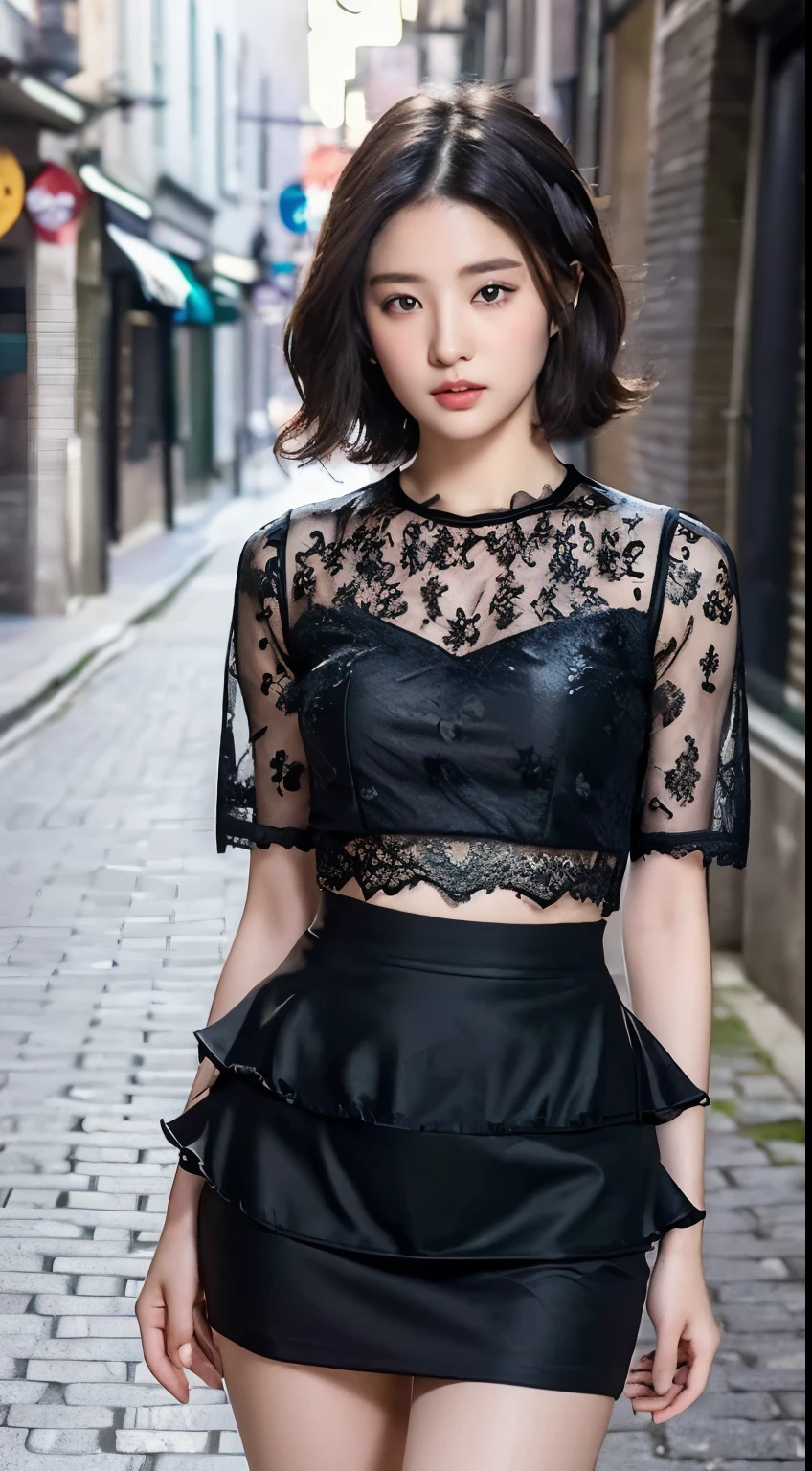 ((best quality, 8K, masterpiece: 1.3)), (Lace top with skirt: 1.3), focus: 1.2, Perfect body beauty: 1.4, Hips: 1.2, ((Layered Hairstyle: 1.2)), (Dark Street: 1.3), Highly detailed face and skin textures, delicate eyes, Double eyelids, Skin Whitening, Layered short hair,