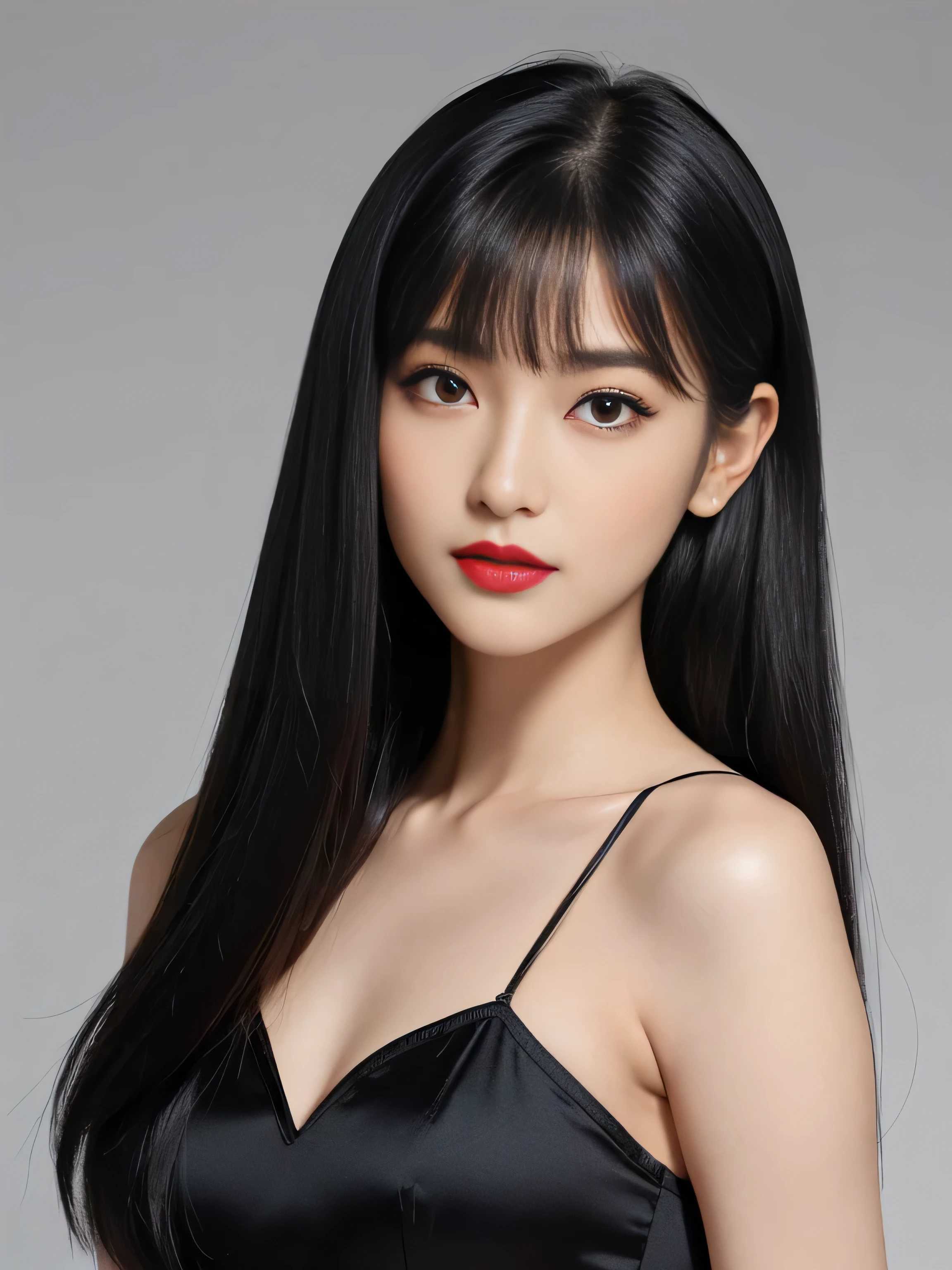 1 female (Close up of her face!!!:1.8)　(She turns to the viewer and laughs so wonderfully!!!!!)　((highest quality))　((masterpiece))　(Familiar)　(Get used to it)　(White wall background!!!!!)　(The most beautiful and sensual 24-year-old cosmetics model in Japan)　(Her bangs are neatly trimmed and worn straight down.:1.5)　(Very shiny and voluminous, Very straight!!!　The highest quality and most detailed, incredibly long, jet black hair hangs down widely on both ends of the body.　Her highest quality and highest detail of ridiculously long everlasting extraordinarily long jet black hair is very long hair!!!　Her beautiful jet black hair is very long!!!　Her hair is very black!!!　length, Shiny black hair, black silky hair, detailed length black hair, length black straight hair, long Straight black hair, length black hair, 太くShiny black hair, length black hair, Straight black hair, length and free straight black hair, Perfect Silky Straight Hair, Extra Dark Natural Black Hair, very length black hair)　(She received a beautiful make-up done by a professional make-up artist....　Exquisite texture:1.4　Bright red lipstick　Beautiful black eyeliner)　(She is wearing a shiny random color silk camisole dress.)　Perfect Woman&#39;face　(She has a typical Japanese build and skin color..., Her skin is very high quality and ultra high definition.、very beautiful and glowing skin)　(Her face is dignified and sexy)（She applied sexy makeup with the help of a professional makeup artist.....　Lipstick is bright red　The eyeliner is a beautiful black)　(She has a typical Japanese build and skin color　Her skin is very delicate and sensitive..、and、Such beautiful and radiant skin)　((Her face shape is thinner than average:1.4))　((Her eyes are larger than average:1.6))　((Her eyes are larger than average:1.6))　((Her eyebrows are very thin:1.8))　((Rich 1.4))　(Extremely detailed 8K)　(Ultra-fine skin texture 1.4)　(Actual, Vibrant:1.4), 　Sharp focus:1.2、Beautiful woman:1.4　Dynamic Lighting　(Genuine RAW photos taken by professional photographers)　very beautiful and glowing skin)　(Surreal photos by professional photographers :1.2)　