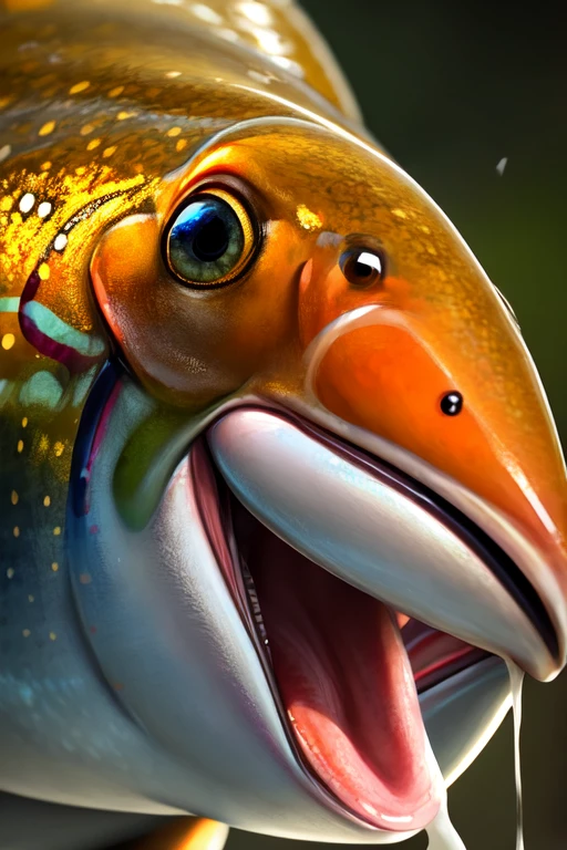 Single trout fish. Facing camera, mouth wide open with milk inside mouth. Close up. Photorealistic