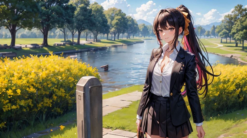 1girl, ((full body)), solo, summer, village, trees, sun, clouds, ((colorful hair)), long hair, curly hair, ponytail, large breasts, ((black blazer)), button down shirt, ((white shirt)), ((short sleeved shirt)), ((unbuttoned shirt)), unbuttoning buttons, cleavage 1:3, brown eyes, skirt, smile, looking at the viewer, standing, hair ribbon, golden necklate