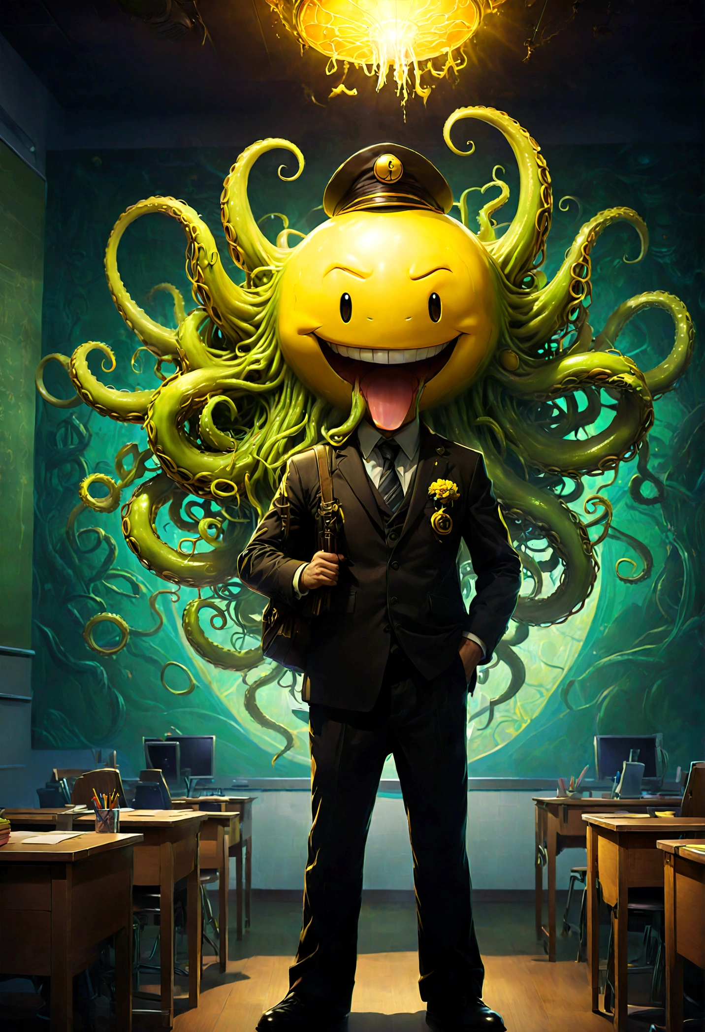 Korosensei from "Assassination Classroom", yellow body with Cthulhu tentacles, teacher, (mortarboard), yellow head, Grin, big smile face, (Classroom), school, dramatic composition, cinematic dynamic action scene, vibrant colors, cinematic lighting, dramatic lighting, best quality, masterpiece, very aesthetic, perfect composition, intricate details, ultra-detailed