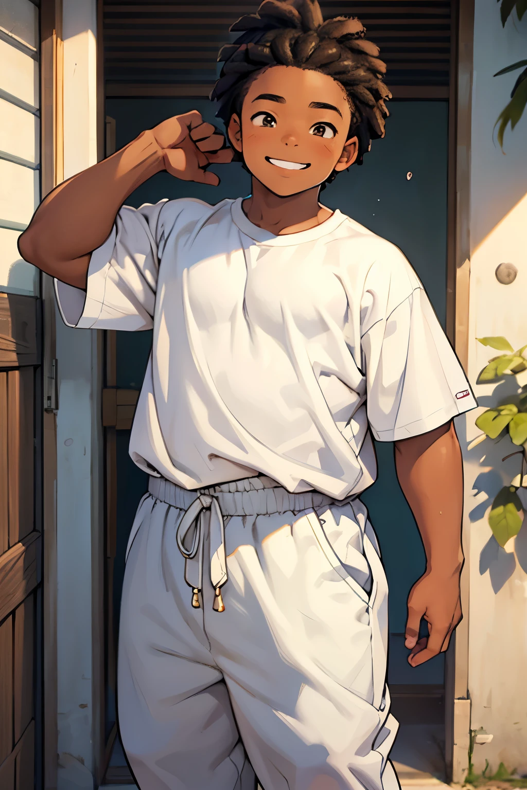 a chubby afro boy, a 12 years old chubby boy with chocolat skin and nago braids hair, dressing a off-white shirt off-white sweatpants, with malicious smile