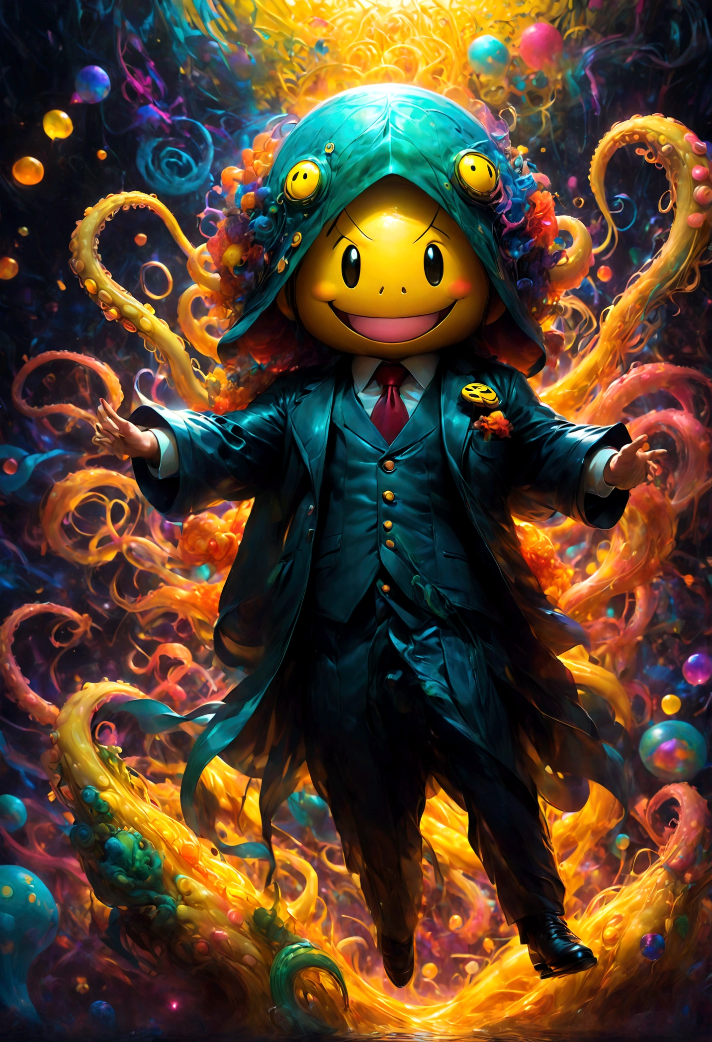 Korosensei from "Assassination Classroom", yellow body with Cthulhu tentacles, teacher, (mortarboard), yellow head, Grin, big smile face, (Classroom), school, dramatic composition, cinematic dynamic action scene, vibrant colors, cinematic lighting, dramatic lighting, best quality, masterpiece, very aesthetic, perfect composition, intricate details, ultra-detailed