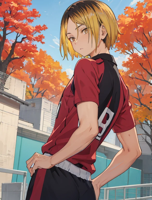 1boy, (Masterpiece, Top Quality, Best Quality), upper-body, blonde hair, black hair, multi-colored hair, forehead, (gym uniform: 1.1), solo, exterior, Park, Walking, blue skies, sakura trees, male focus, 8K, Negative_Hand-Neg Oji,Back, behind, Shows ass