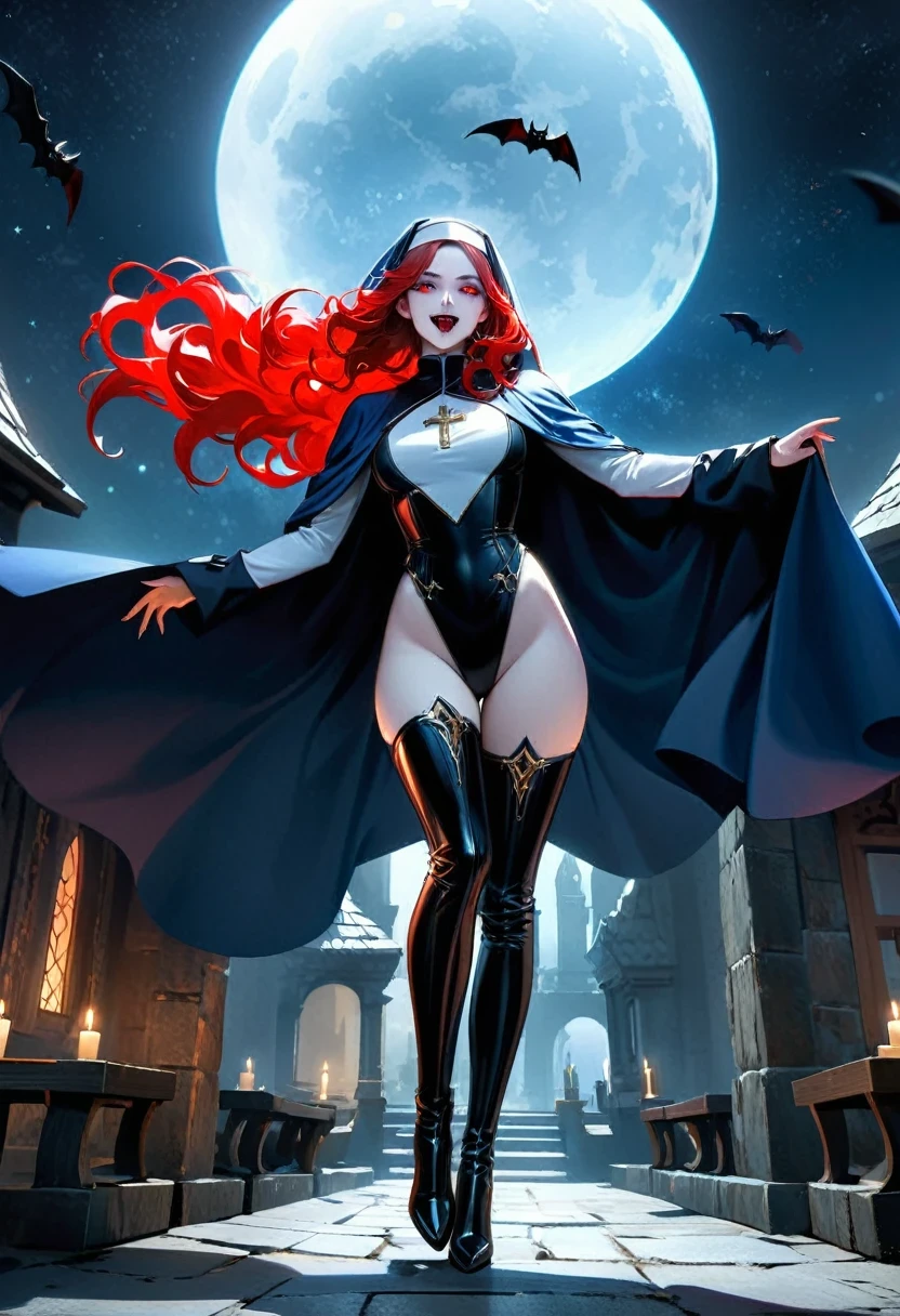 a picture of an exquisite beautiful female (nun: 1.3) vampire standing under the starry night sky on the porch of her monastary, action shot, dynamic angle (ultra detailed, Masterpiece, best quality), ultra detailed face (ultra detailed, Masterpiece, best quality), ultra feminine, (pale skin: 1.3), red hair, wavy hair, dynamic eyes color, cold eyes, glowing eyes, intense eyes, dark red lips, ((fangs: 1.1)), wearing white nun habit (ultra detailed, Masterpiece, best quality), wearing (blue cloak: 1.3) (ultra detailed, Masterpiece, best quality), long cloak, flowing cloak (ultra detailed, Masterpiece, best quality), wearing (high heeled boots: 1.3), sky full of stars background, moon, bats flying about, action shot, high details, best quality, 16k, [ultra detailed], masterpiece, best quality, (ultra detailed), full body, ultra wide shot, photorealism, dark fantasy art, dark fantasy art, gothic art, many stars, dark fantasy art, gothic art, sense of dread,  GlowingRunesAI_red