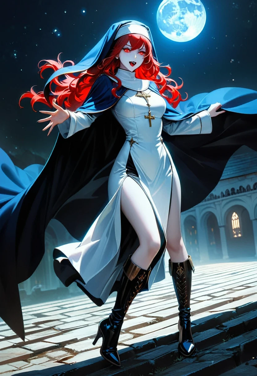 a picture of an exquisite beautiful female (nun: 1.3) vampire standing under the starry night sky on the porch of her monastary, action shot, dynamic angle (ultra detailed, Masterpiece, best quality), ultra detailed face (ultra detailed, Masterpiece, best quality), ultra feminine, (pale skin: 1.3), red hair, wavy hair, dynamic eyes color, cold eyes, glowing eyes, intense eyes, dark red lips, ((fangs: 1.1)), wearing white nun habit (ultra detailed, Masterpiece, best quality), wearing (blue cloak: 1.3) (ultra detailed, Masterpiece, best quality), long cloak, flowing cloak (ultra detailed, Masterpiece, best quality), wearing (high heeled boots: 1.3), sky full of stars background, moon, bats flying about, action shot, high details, best quality, 16k, [ultra detailed], masterpiece, best quality, (ultra detailed), full body, ultra wide shot, photorealism, dark fantasy art, dark fantasy art, gothic art, many stars, dark fantasy art, gothic art, sense of dread,  GlowingRunesAI_red