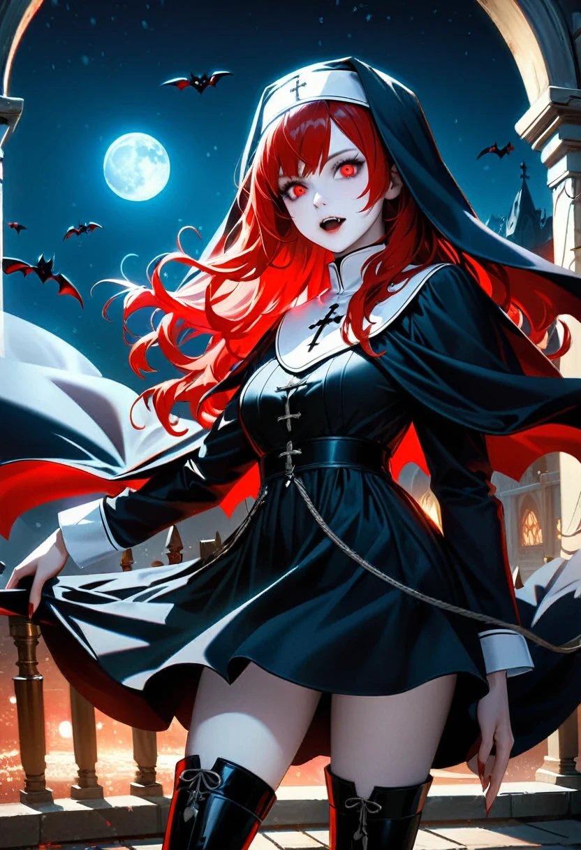 a picture of an exquisite beautiful female (nun: 1.3) vampire standing under the starry night sky on the porch of her monastary, action shot, dynamic angle (ultra detailed, Masterpiece, best quality), ultra detailed face (ultra detailed, Masterpiece, best quality), ultra feminine, (pale skin: 1.3), red hair, wavy hair, dynamic eyes color, cold eyes, glowing eyes, intense eyes, dark red lips, ((fangs: 1.1)), wearing white nun habit (ultra detailed, Masterpiece, best quality), wearing (blue cloak: 1.3) (ultra detailed, Masterpiece, best quality), long cloak, flowing cloak (ultra detailed, Masterpiece, best quality), wearing (high heeled boots: 1.3), sky full of stars background, moon, bats flying about, action shot, high details, best quality, 16k, [ultra detailed], masterpiece, best quality, (ultra detailed), full body, ultra wide shot, photorealism, dark fantasy art, dark fantasy art, gothic art, many stars, dark fantasy art, gothic art, sense of dread,  GlowingRunesAI_red