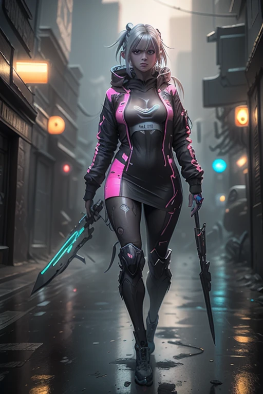 3D impressionist illustration, The face is dense(((must))), One Russian girl in her early 20s with ash grey hair, Fully equipped with cyberpunk style weapons, Generated with full body, The outlines of your body and equipment glow in seven colors like neon lights., The background is the ruins of a building in ruins.,