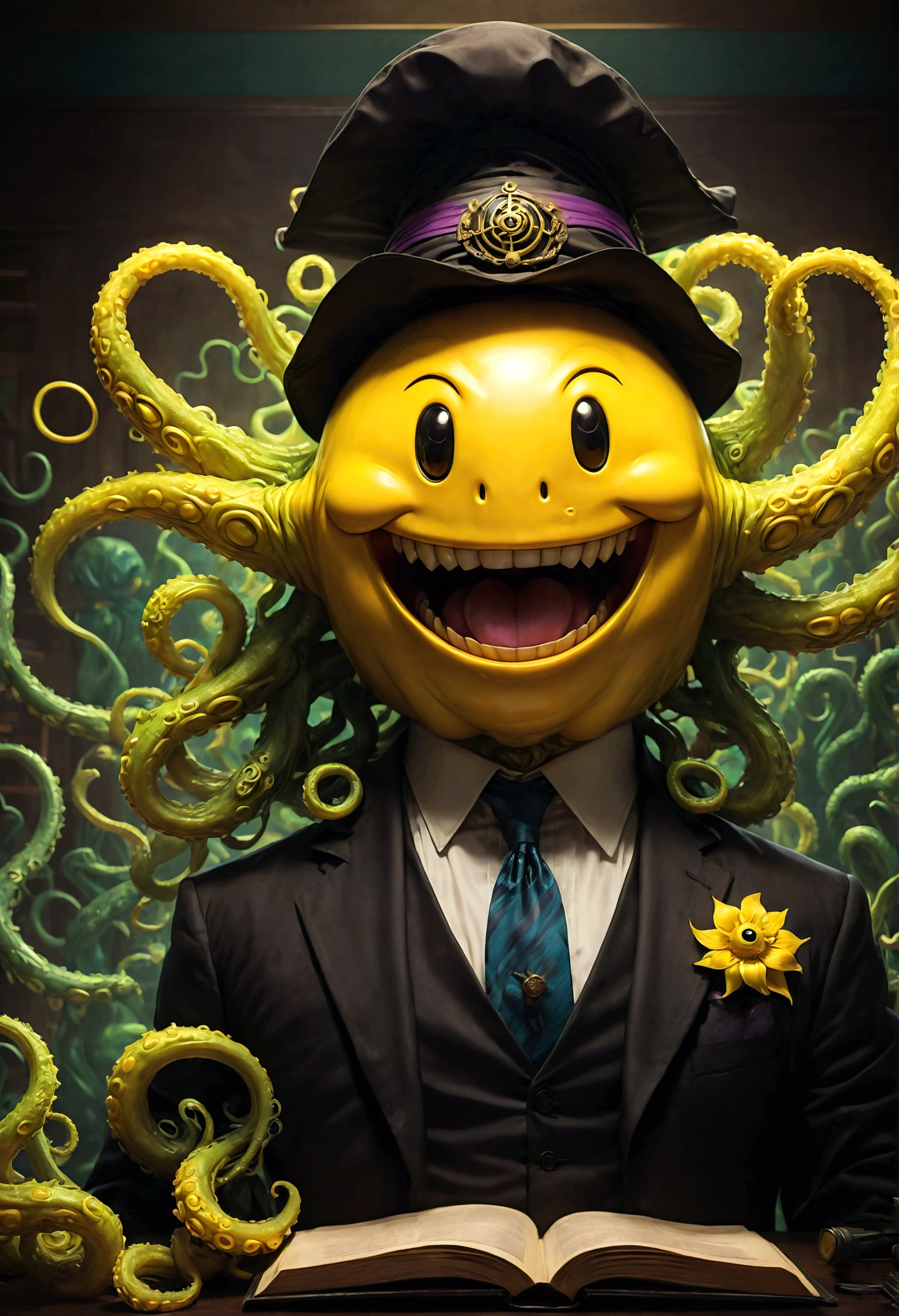 Korosensei from "Assassination Classroom", yellow body with Cthulhu tentacles, teacher, (mortarboard), yellow head, Grin, big smile face, (Classroom), school, dramatic composition, cinematic dynamic action scene, vibrant colors, cinematic lighting, dramatic lighting, best quality, masterpiece, very aesthetic, perfect composition, intricate details, ultra-detailed