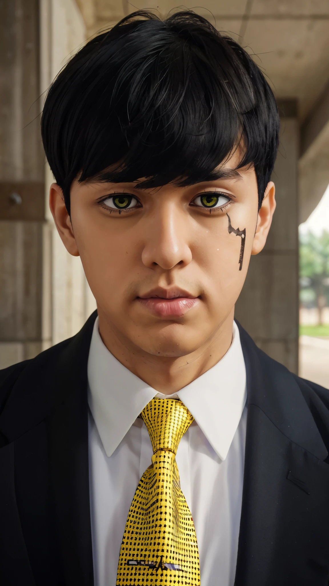 mashle masterpiece, best quality, 1boy, male focus, solo, yellow eyes, necktie, black hair, bangs, facial mark