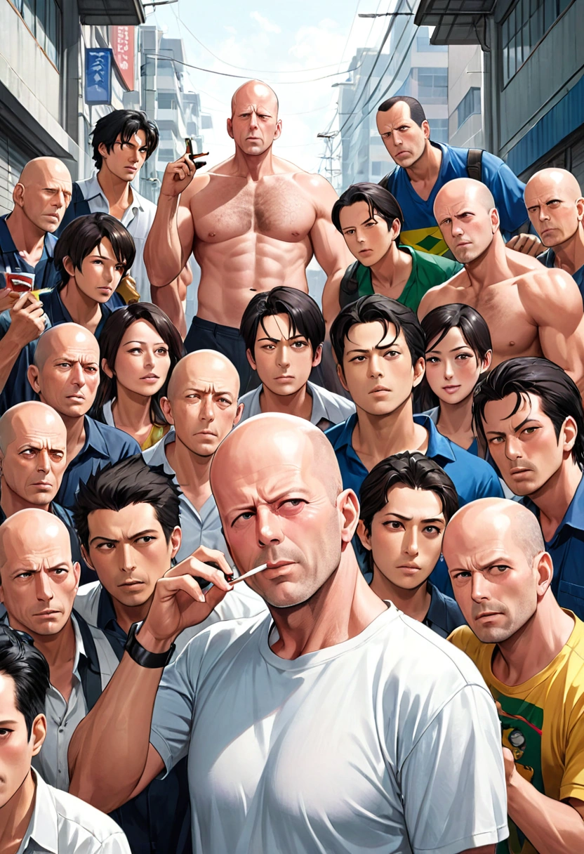 Gang of employees of a factory in Japan, made up of 5 people, all poorly dressed with blue caps on their heads, eating snacks, drinking juice from cartons, ((The head of the gang of employees is a fat Brazilian of Japanese descent, clean-shaven and fat, 1. 69 metres tall, with a brave face)), ((A white shaven-headed Brazilian, who looks like actor Bruce Willis, with a smoker's face)); 69 tall, angry-looking, smelly bloke in dirty clothes)), ((Another is a Brazilian with a shaved head, white, with green eyes like the actor Bruce Willis, with a smoker's face)), ((A Brazilian of Italian descent with very close-cropped hair, a full beard and a long goatee, 1; 70 tall and with a stressed-out look)), (( A short Brazilian of Japanese descent 1;67 tall with his hair combed to one side and wearing glasses, with a somewhat sleepy face)), (( A Brazilian of Japanese descent, a 29-year-old boy, 1;71 tall with his hair half shaved to one side and with a tuft combed to the right, with a somewhat relaxed look)). Everyone discussing and debating ways of working and a lot of stress.