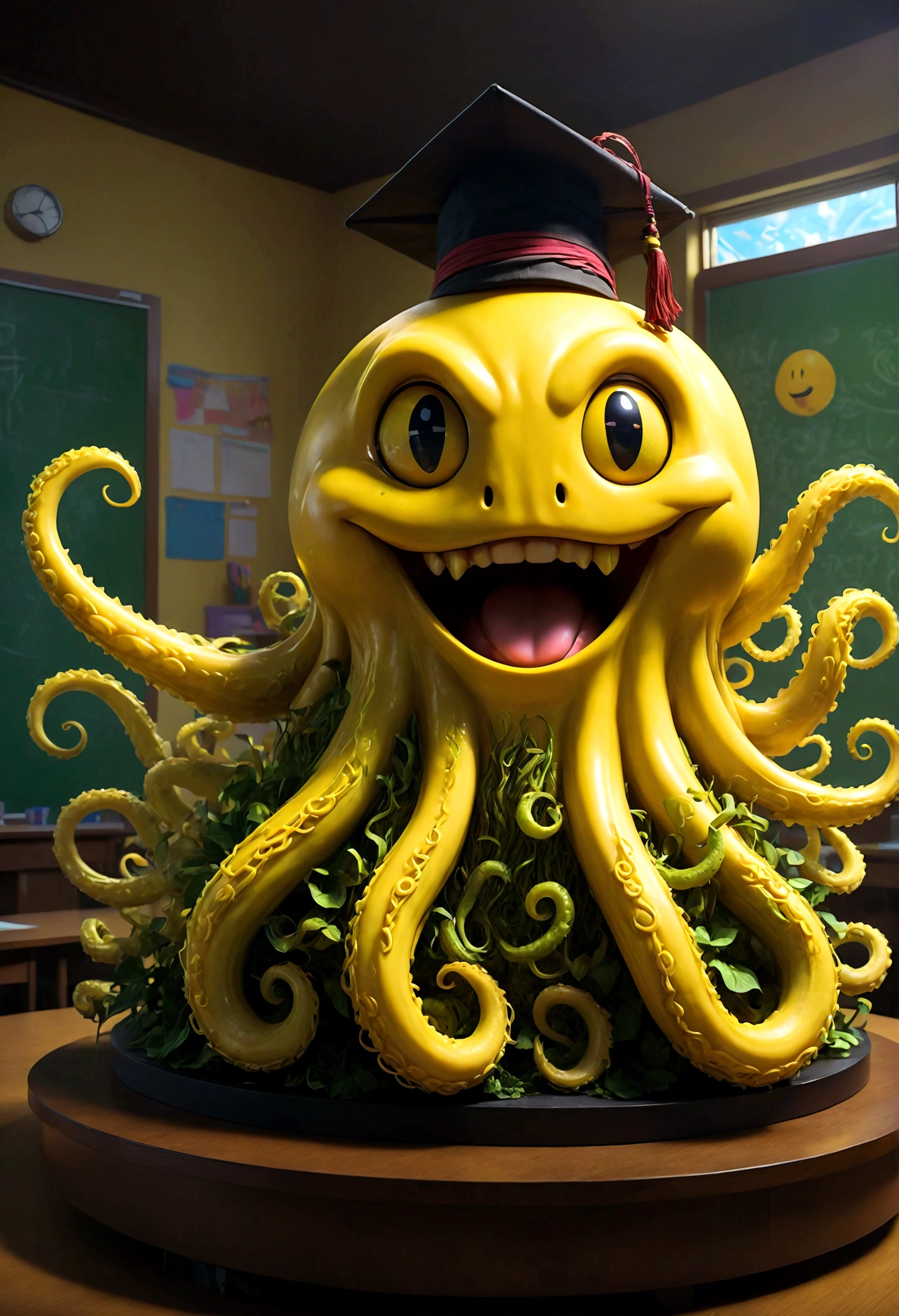 Korosensei from "Assassination Classroom", yellow body with Cthulhu tentacles, teacher, (mortarboard), yellow head, Grin, big smile face, (Classroom), school, dramatic composition, cinematic dynamic action scene, vibrant colors, cinematic lighting, dramatic lighting, best quality, masterpiece, very aesthetic, perfect composition, intricate details, ultra-detailed