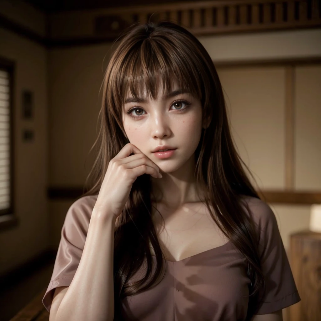 Kasumi, brown eyes, (best quality, ultra-detailed), (realistic:1.37), beautiful and detailed face, ultra-realistic texture, delicate face, delicate body, red lipstick, bright colors. High definition, 8K.