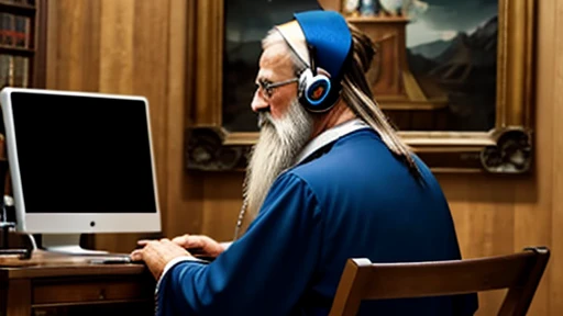 happy epic animated bearded old wizard and pointy hat with gamer headset watching youtube sitting at computer with back with magic and lightning by wizard room in baroque painting style