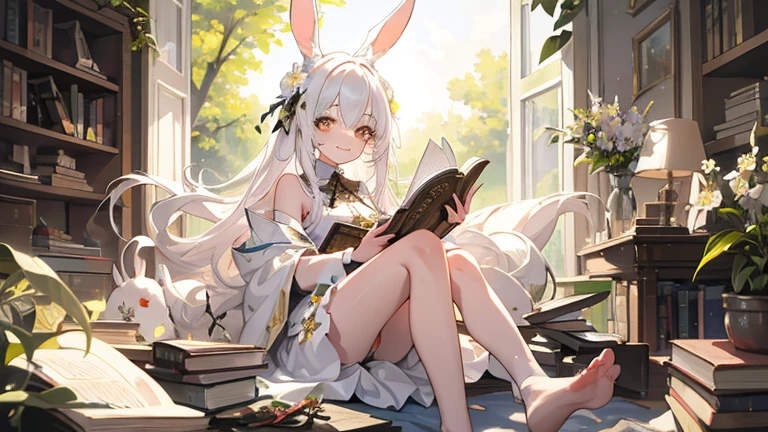 This is a cute girl digital art, 1girl, rabbit ear, flower, long white hair, solo, smile, looking viewer, hair flower, hair ornament, branch, animal, bangs, room, books,