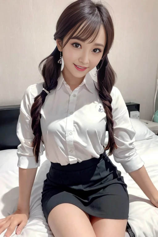 masterpiece, highest quality, Official Art, (Highly detailed CG Unity 8k wallpaper), Detailed Background, (The Hands of Guido Daniele: 1.1), First Person View, 1, On the bed、Attractive and perfect beautiful woman, Sunburned skin、黒Gal、Gal女子高生, GalJK, uniform, (Curvaceous), ( White thighs: 1.12), (Brown long hair: 1.12), (Ahoge (1.13), (High Ponytail: 1.12), Beautiful Face, (blush: 1.11), (smile: 1.11)、Showing her cute panties to the camera((She is holding purple string panties in her hands、Show it to the camera))、Always wears a grey checked skirt