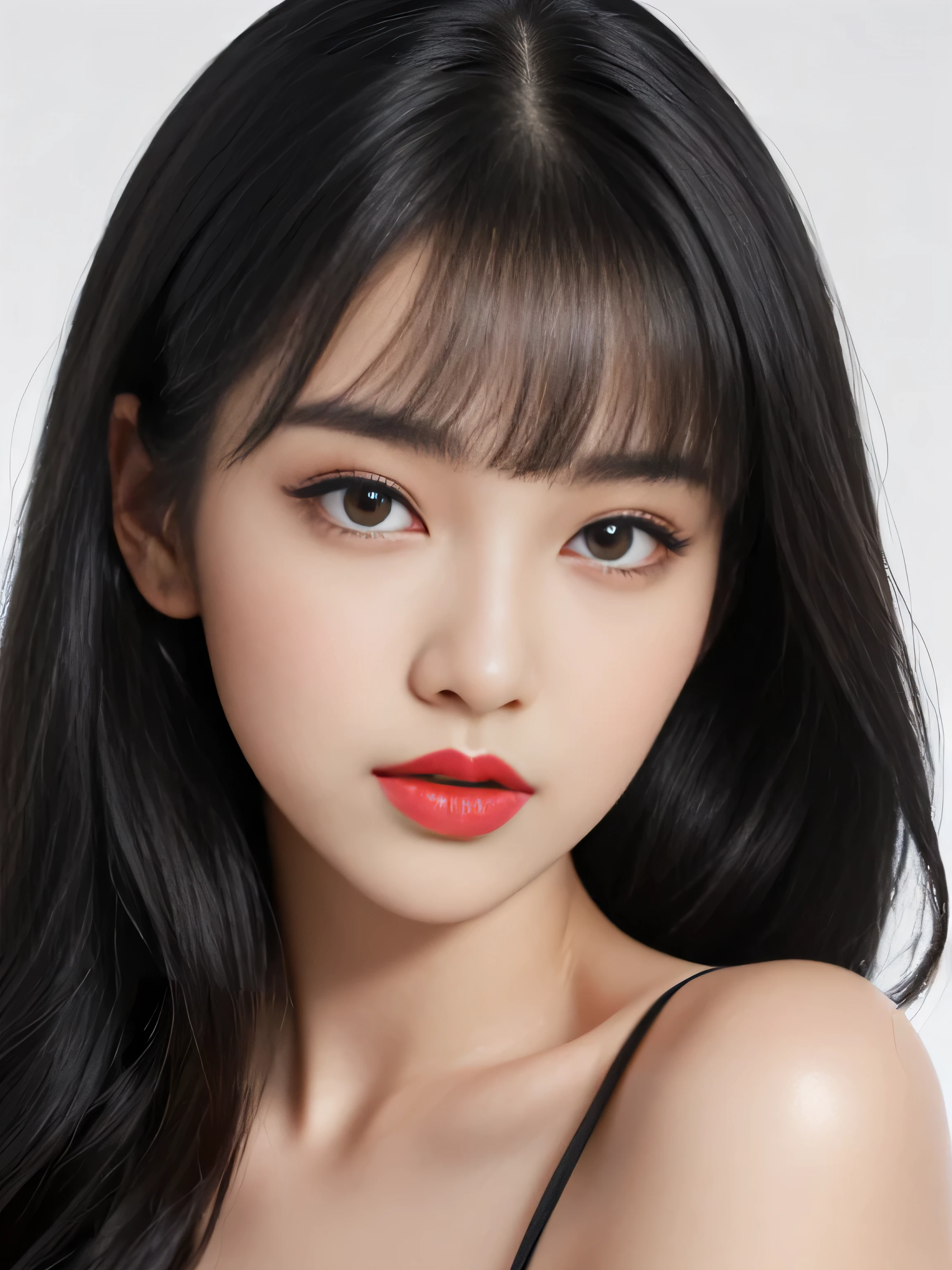 1 female (Close up of her face!!!:1.8) (She turns to the viewer and laughs so wonderfully!!!!!) ((highest quality)) ((masterpiece)) (Familiar) (Get used to it) (White wall background!!!!!) (The most beautiful and sensual 24-year-old cosmetics model in Japan) (Her bangs are neatly trimmed and worn straight down.:1.5) (Very shiny and voluminous, Very straight!!! Very beautiful bob cut with the highest quality and best details Her jet black hair hangs widely on both sides of her body. Her highest quality and most detailed straight bob cut is jet black. Her beautiful jet black hair is cut in a very straight bob Her hair is very black!!! Shiny black hair, black silky hair, detailed 長さ black hair, black straight hair, black hair, 太くShiny black hair, 長さ black hair, Straight black hair, 長さ and free straight black hair, Perfect Silky Straight Hair, Extra Dark Natural Black Hair, very black hair) (She received a beautiful make-up done by a professional make-up artist.... Exquisite texture:1.4 Bright red lipstick Beautiful black eyeliner) (She is wearing a shiny random color silk camisole dress.) Perfect Woman'face (She has a typical Japanese build and skin color..., Her skin is very high quality and ultra high definition.、very beautiful and glowing skin) (Her face is dignified and sexy)(She applied sexy makeup with the help of a professional makeup artist..... Lipstick is bright red The eyeliner is a beautiful black) (She has a typical Japanese build and skin color Her skin is very delicate and sensitive..、and、Such beautiful and radiant skin) ((Her face shape is thinner than average:1.4)) ((Her eyes are larger than average:1.6)) ((Her eyes are larger than average:1.6)) ((Her eyebrows are very thin:1.8)) ((Rich 1.4)) (Extremely detailed 8K) (Ultra-fine skin texture 1.4) (Actual, Vibrant:1.4), Sharp focus:1.2、Beautiful woman:1.4 Dynamic Lighting (Genuine RAW photos taken by professional photographers) very beautiful and glowing skin) (Surreal photos by professional photographers :1.2)