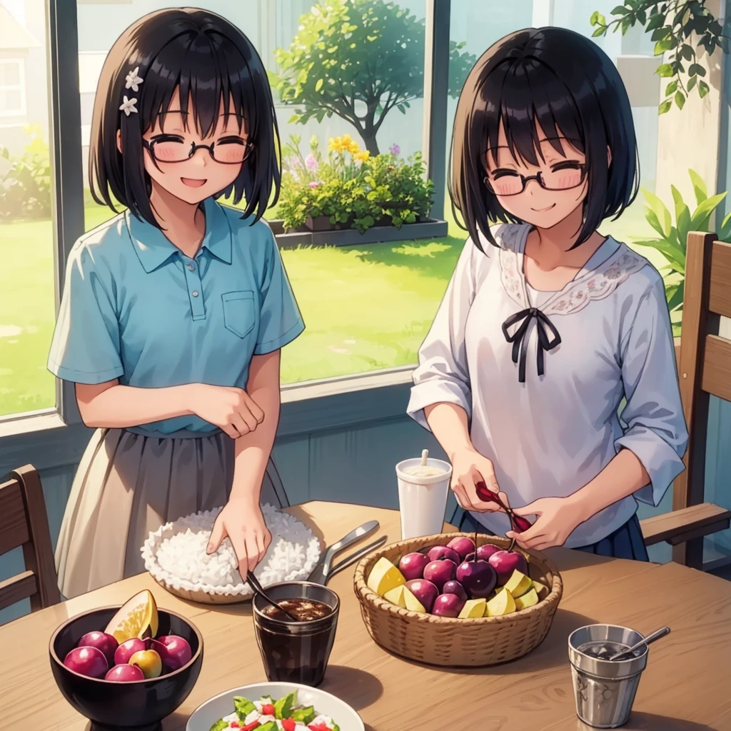 (1 junior high school girl、Smiling、Black-haired、short hair、Straight Hair、hair ornaments、close your eyes、Laughter、Wearing black glasses、small 、Cute Face)、masterpiece、highest quality、Rice and pickled plums on the table、Summer clothes