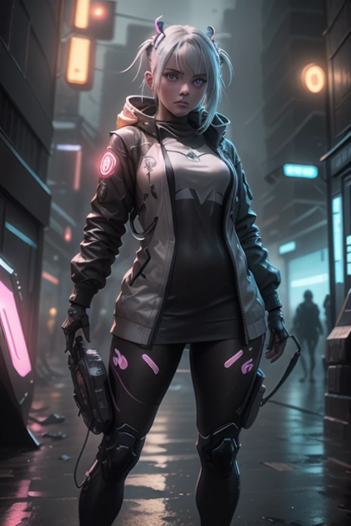 3D impressionist illustration, The face is dense(((must))), One Russian girl in her early 20s with ash grey hair, Fully equipped with cyberpunk style protectors, Generated with full body, The outlines of your body and equipment glow in seven colors like neon lights., The background is the ruins of a building in ruins.,