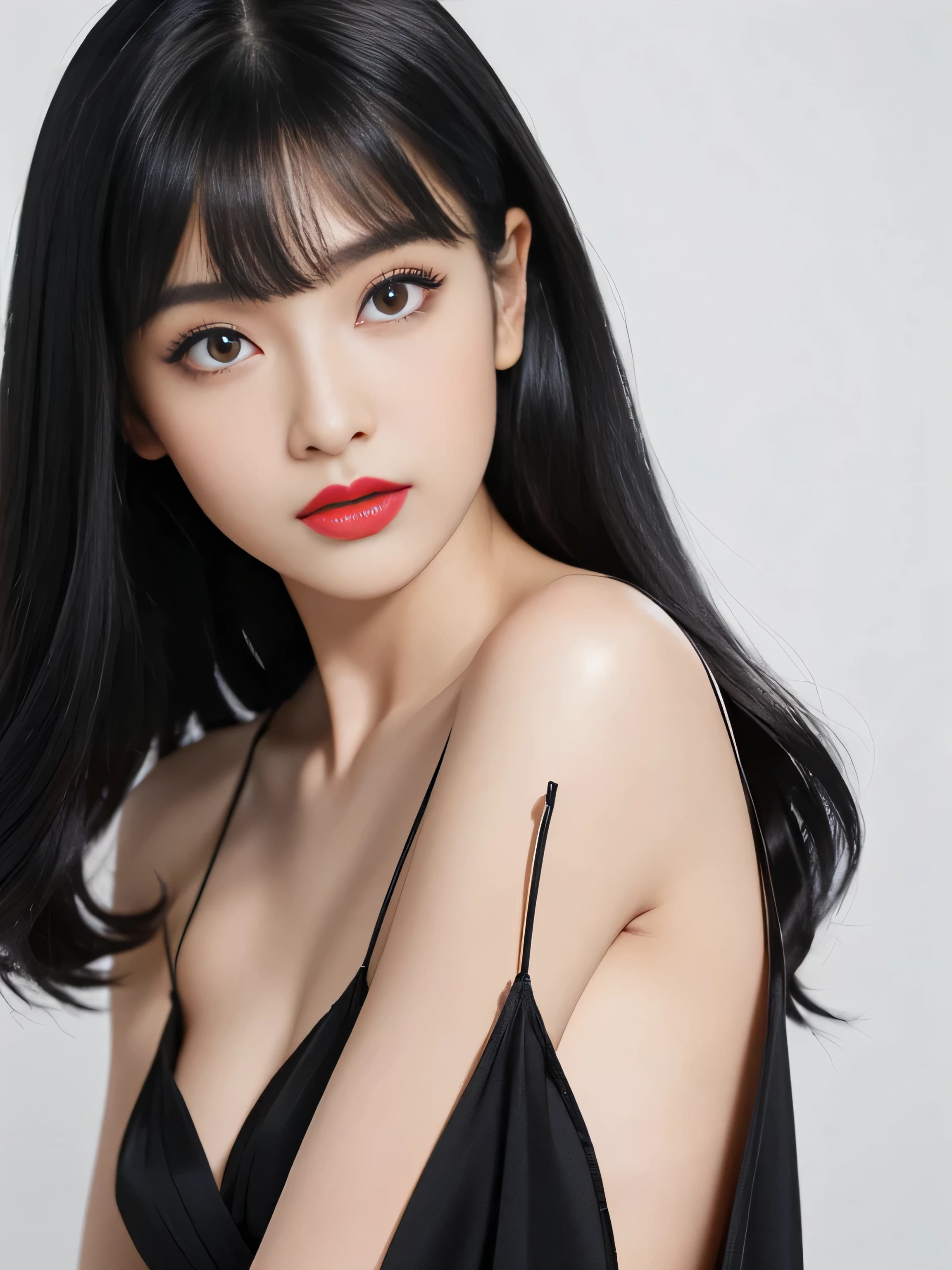 1 female (Close up of her face!!!:1.8) (She turns to the viewer and laughs so wonderfully!!!!!) ((highest quality)) ((masterpiece)) (Familiar) (Get used to it) (White wall background!!!!!) (The most beautiful and sensual 24-year-old cosmetics model in Japan) (Her bangs are neatly trimmed and worn straight down.:1.5) (Very shiny and voluminous, Very straight!!! Very beautiful bob cut with the highest quality and best details Her jet black hair hangs widely on both sides of her body. Her highest quality and most detailed straight bob cut is jet black. Her beautiful jet black hair is cut in a very straight bob Her hair is very black!!! Shiny black hair, black silky hair, detailed 長さ black hair, black straight hair, black hair, 太くShiny black hair, 長さ black hair, Straight black hair, 長さ and free straight black hair, Perfect Silky Straight Hair, Extra Dark Natural Black Hair, very black hair) (She received a beautiful make-up done by a professional make-up artist.... Exquisite texture:1.4 Bright red lipstick Beautiful black eyeliner) (She is wearing a shiny random color silk camisole dress.) Perfect Woman'face (She has a typical Japanese build and skin color..., Her skin is very high quality and ultra high definition.、very beautiful and glowing skin) (Her face is dignified and sexy)(She applied sexy makeup with the help of a professional makeup artist..... Lipstick is bright red The eyeliner is a beautiful black) (She has a typical Japanese build and skin color Her skin is very delicate and sensitive..、and、Such beautiful and radiant skin) ((Her face shape is thinner than average:1.4)) ((Her eyes are larger than average:1.6)) ((Her eyes are larger than average:1.6)) ((Her eyebrows are very thin:1.8)) ((Rich 1.4)) (Extremely detailed 8K) (Ultra-fine skin texture 1.4) (Actual, Vibrant:1.4), Sharp focus:1.2、Beautiful woman:1.4 Dynamic Lighting (Genuine RAW photos taken by professional photographers) very beautiful and glowing skin) (Surreal photos by professional photographers :1.2)