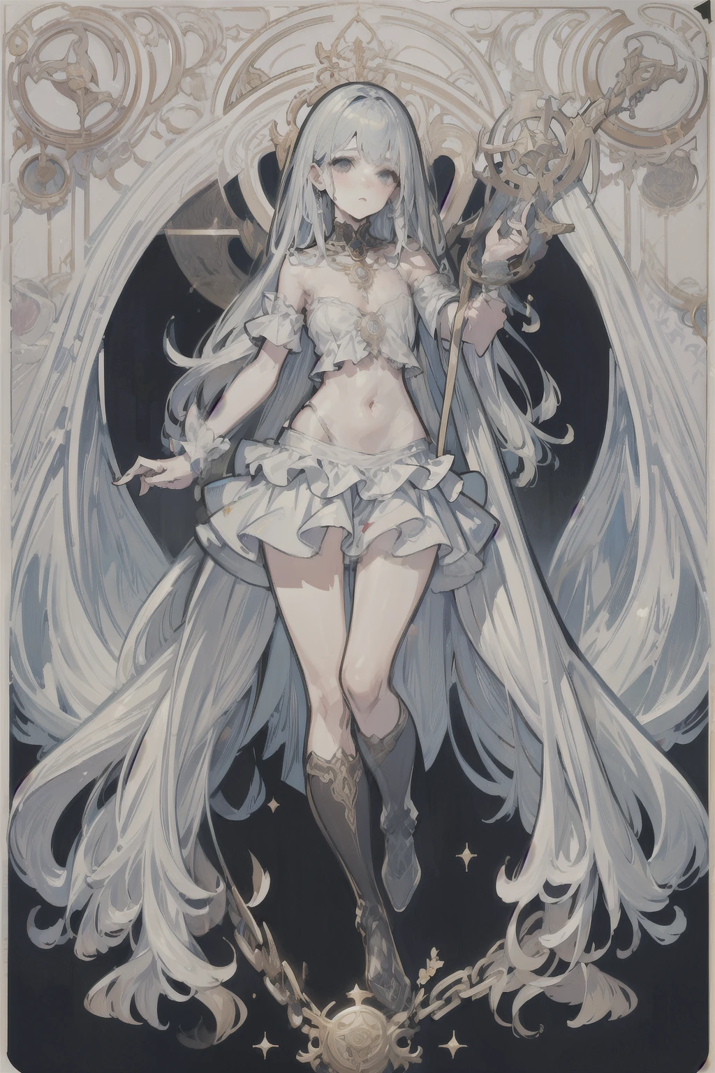 ((best quality)), ((masterpiece)), (detailed), 1girl, Character design, female, dynamic poses, long white grey hair, grey white eyes, very skinny, detailed, best quality, no accesoires around the neck, no shoes, prominent collarbones, skinny arms, flat stomach, visible hip bones, full body, blank white background, plain background, white background, red and white clothing, Bloodborne inspired, occult aesthetic, occult, detailed and intricate steampunk and detailed gothic, NSFW, Very dramatic and cinematic lighting, cosmic horror, grim-dark, side-lighting, perfect face, NSFW, Fluttering lace flared long knee length dress with frilly petticoats, knee length dress, pleated petticoats, petticoats gothic, complex lace boots, side-lighting, gothic aesthetic, wielding a mighty sword with mechanical components, mandalas, small breasts, a fairy, various different types of insect wings, NSFW, full body, whole body, body, plain background, white background, blank background, no background, white background NSFW, chains, full body, whole body, head-to-toe NSFW