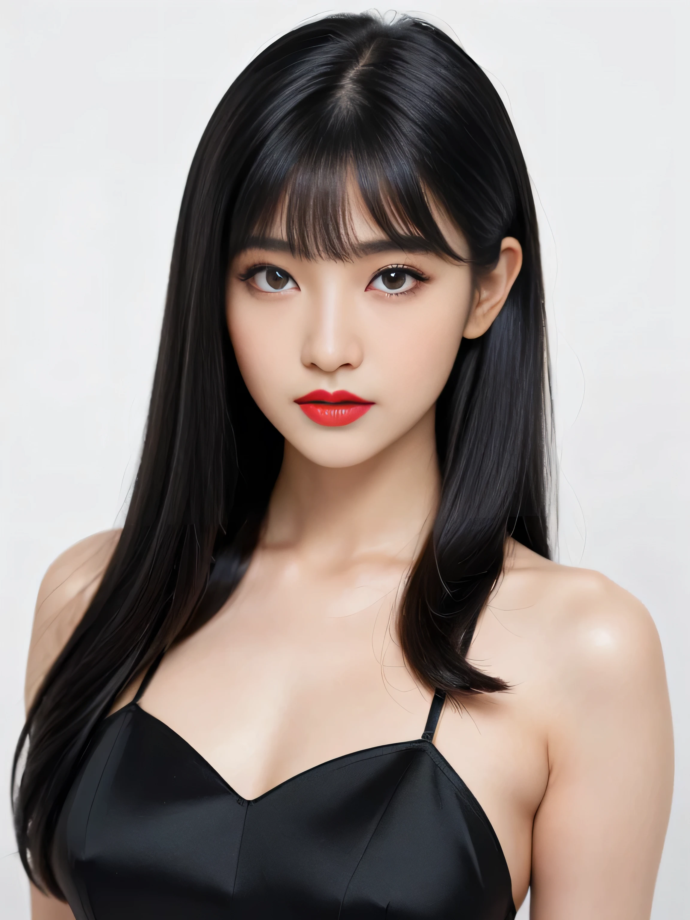 1 female (Close up of her face!!!:1.8) (She turns to the viewer and laughs so wonderfully!!!!!) ((highest quality)) ((masterpiece)) (Familiar) (Get used to it) (White wall background!!!!!) (The most beautiful and sensual 24-year-old cosmetics model in Japan) (Her bangs are neatly trimmed and worn straight down.:1.5) (Very shiny and voluminous, Very straight!!! Very beautiful bob cut with the highest quality and best details Her jet black hair hangs widely on both sides of her body. Her highest quality and most detailed straight bob cut is jet black. Her beautiful jet black hair is cut in a very straight bob Her hair is very black!!! Shiny black hair, black silky hair, detailed 長さ black hair, black straight hair, black hair, 太くShiny black hair, 長さ black hair, Straight black hair, 長さ and free straight black hair, Perfect Silky Straight Hair, Extra Dark Natural Black Hair, very black hair) (She received a beautiful make-up done by a professional make-up artist.... Exquisite texture:1.4 Bright red lipstick Beautiful black eyeliner) (She is wearing a shiny random color silk camisole dress.) Perfect Woman'face (She has a typical Japanese build and skin color..., Her skin is very high quality and ultra high definition.、very beautiful and glowing skin) (Her face is dignified and sexy)(She applied sexy makeup with the help of a professional makeup artist..... Lipstick is bright red The eyeliner is a beautiful black) (She has a typical Japanese build and skin color Her skin is very delicate and sensitive..、and、Such beautiful and radiant skin) ((Her face shape is thinner than average:1.4)) ((Her eyes are larger than average:1.6)) ((Her eyes are larger than average:1.6)) ((Her eyebrows are very thin:1.8)) ((Rich 1.4)) (Extremely detailed 8K) (Ultra-fine skin texture 1.4) (Actual, Vibrant:1.4), Sharp focus:1.2、Beautiful woman:1.4 Dynamic Lighting (Genuine RAW photos taken by professional photographers) very beautiful and glowing skin) (Surreal photos by professional photographers :1.2)
