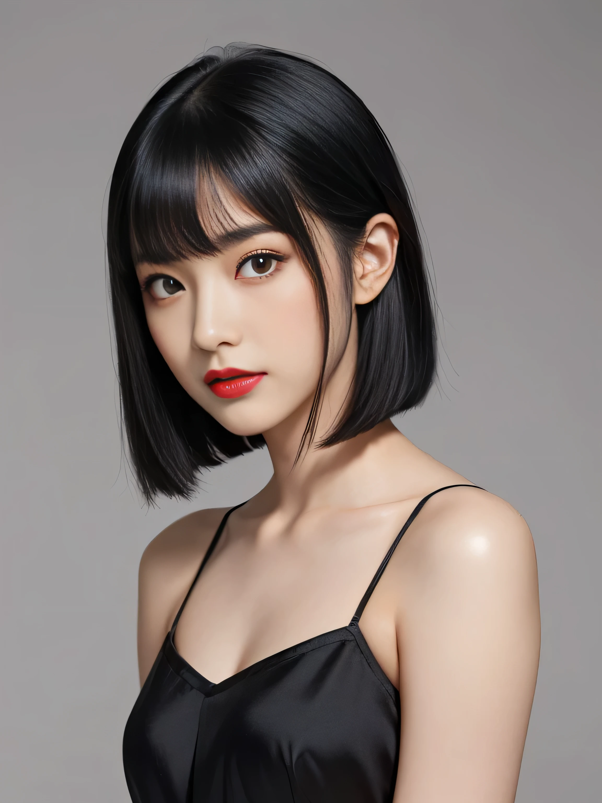 1 female (Close up of her face!!!:1.8) (She turns to the viewer and laughs so wonderfully!!!!!) ((highest quality)) ((masterpiece)) (Familiar) (Get used to it) (White wall background!!!!!) (The most beautiful and sensual 24-year-old cosmetics model in Japan) (Her bangs are neatly trimmed and worn straight down.:1.5) (Very shiny and voluminous, Very straight!!! Very beautiful bob cut with the highest quality and best details Her jet black hair hangs widely on both sides of her body. Her highest quality and most detailed straight bob cut is jet black. Her beautiful jet black hair is cut in a very straight bob Her hair is very black!!! Shiny black hair, black silky hair, detailed 長さ black hair, black straight hair, black hair, 太くShiny black hair, 長さ black hair, Straight black hair, 長さ and free straight black hair, Perfect Silky Straight Hair, Extra Dark Natural Black Hair, very black hair) (She received a beautiful make-up done by a professional make-up artist.... Exquisite texture:1.4 Bright red lipstick Beautiful black eyeliner) (She is wearing a shiny random color silk camisole dress.) Perfect Woman'face (She has a typical Japanese build and skin color..., Her skin is very high quality and ultra high definition.、very beautiful and glowing skin) (Her face is dignified and sexy)(She applied sexy makeup with the help of a professional makeup artist..... Lipstick is bright red The eyeliner is a beautiful black) (She has a typical Japanese build and skin color Her skin is very delicate and sensitive..、and、Such beautiful and radiant skin) ((Her face shape is thinner than average:1.4)) ((Her eyes are larger than average:1.6)) ((Her eyes are larger than average:1.6)) ((Her eyebrows are very thin:1.8)) ((Rich 1.4)) (Extremely detailed 8K) (Ultra-fine skin texture 1.4) (Actual, Vibrant:1.4), Sharp focus:1.2、Beautiful woman:1.4 Dynamic Lighting (Genuine RAW photos taken by professional photographers) very beautiful and glowing skin) (Surreal photos by professional photographers :1.2)